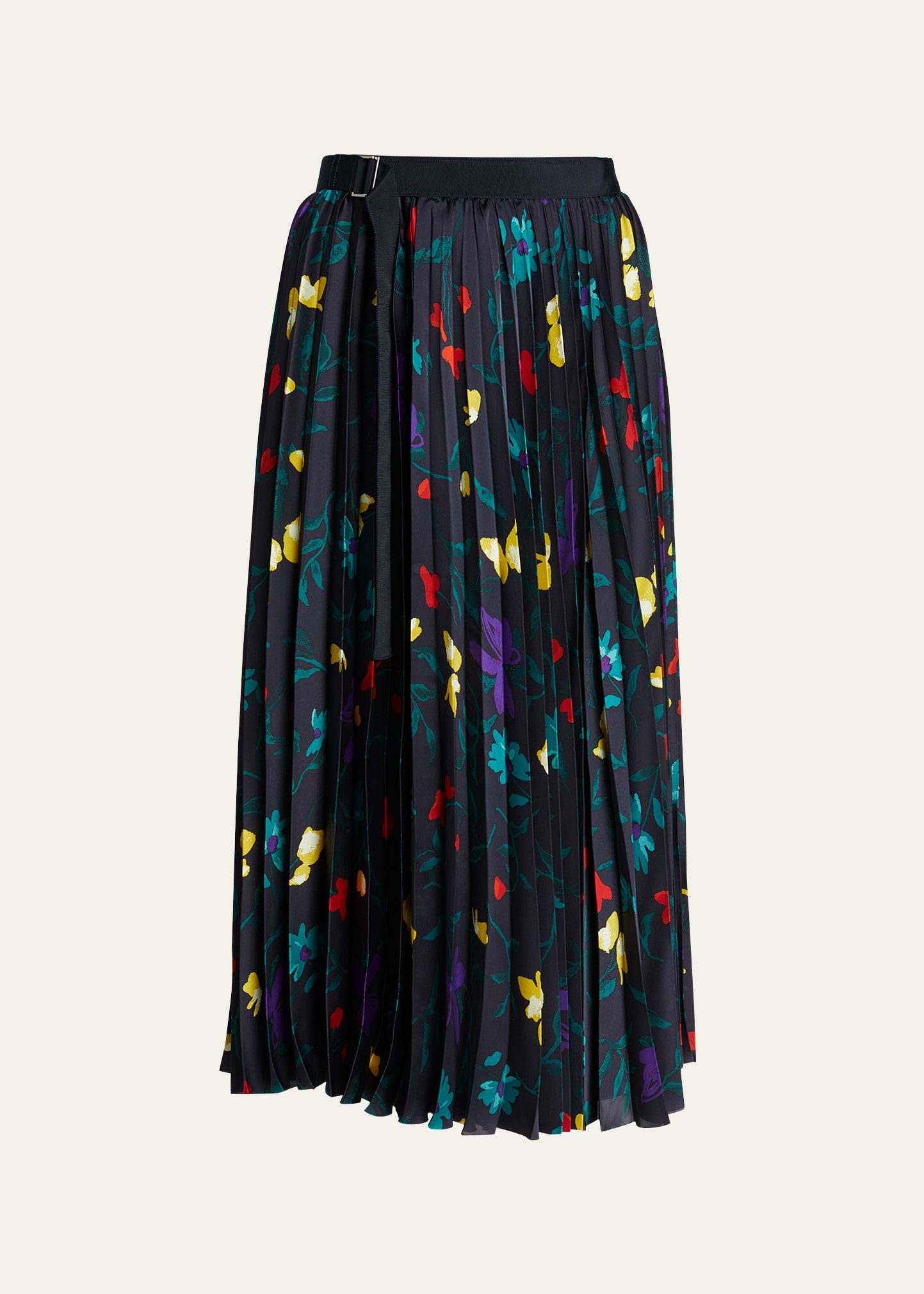 Shop Sacai Pleated Floral-print Belted Midi Skirt In Navy