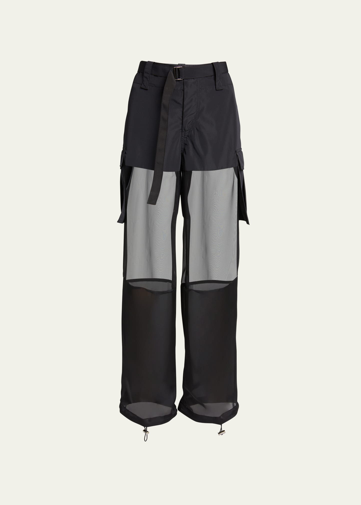 Sacai Sheer Panel Belted Cargo Drawcord Pants In Black