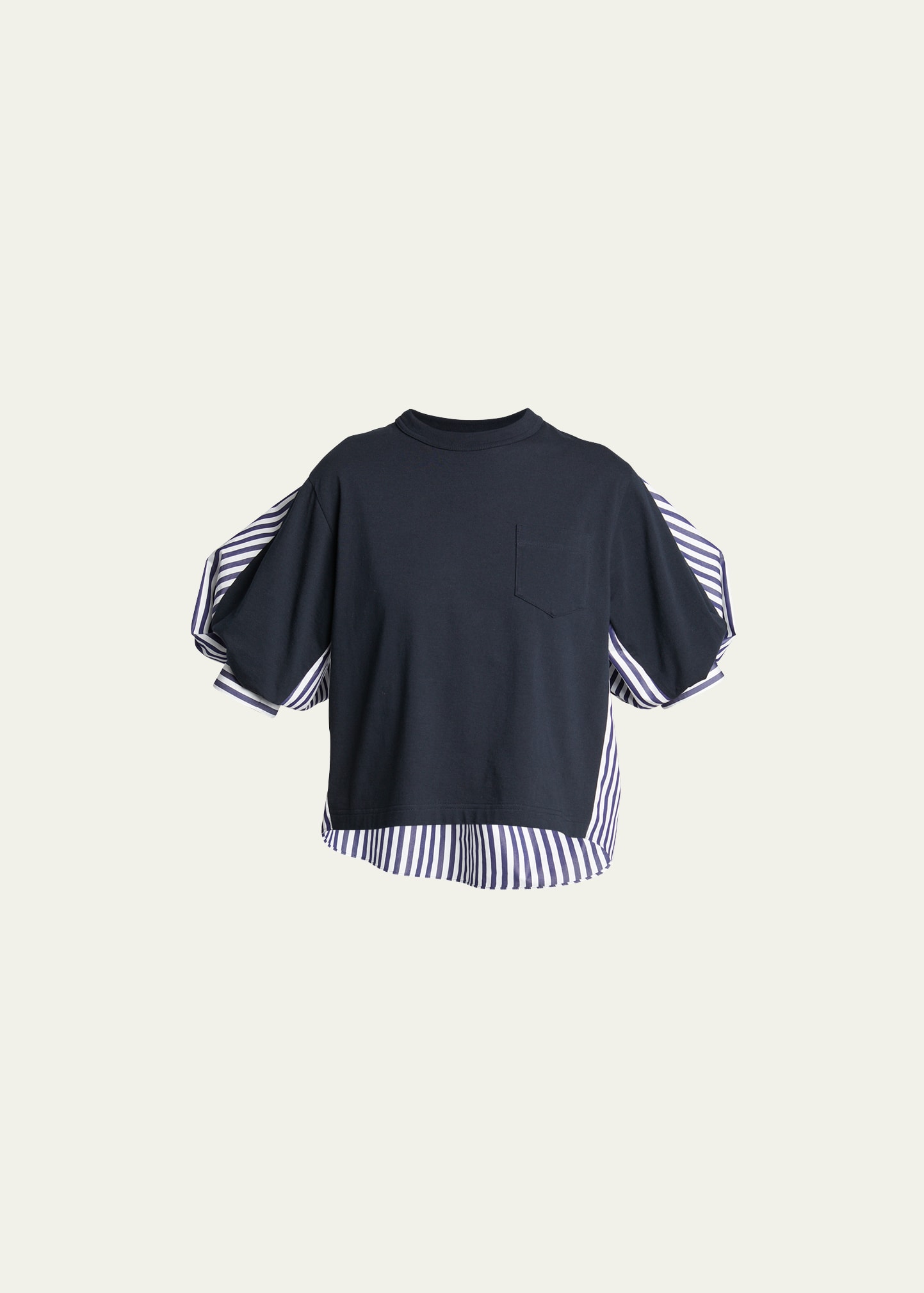 Sacai Striped Back High-low T-shirt In Navy X Navy Strip