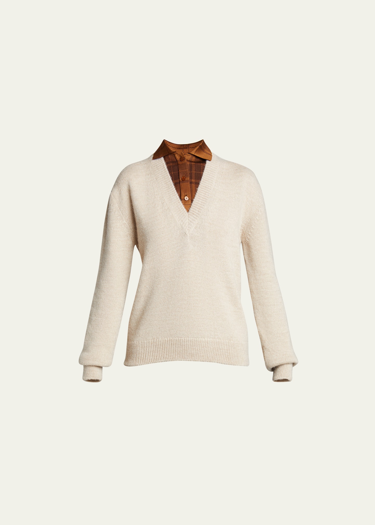 Shop Loewe Layered Plaid Shirt Wool Sweater In Beige Brow