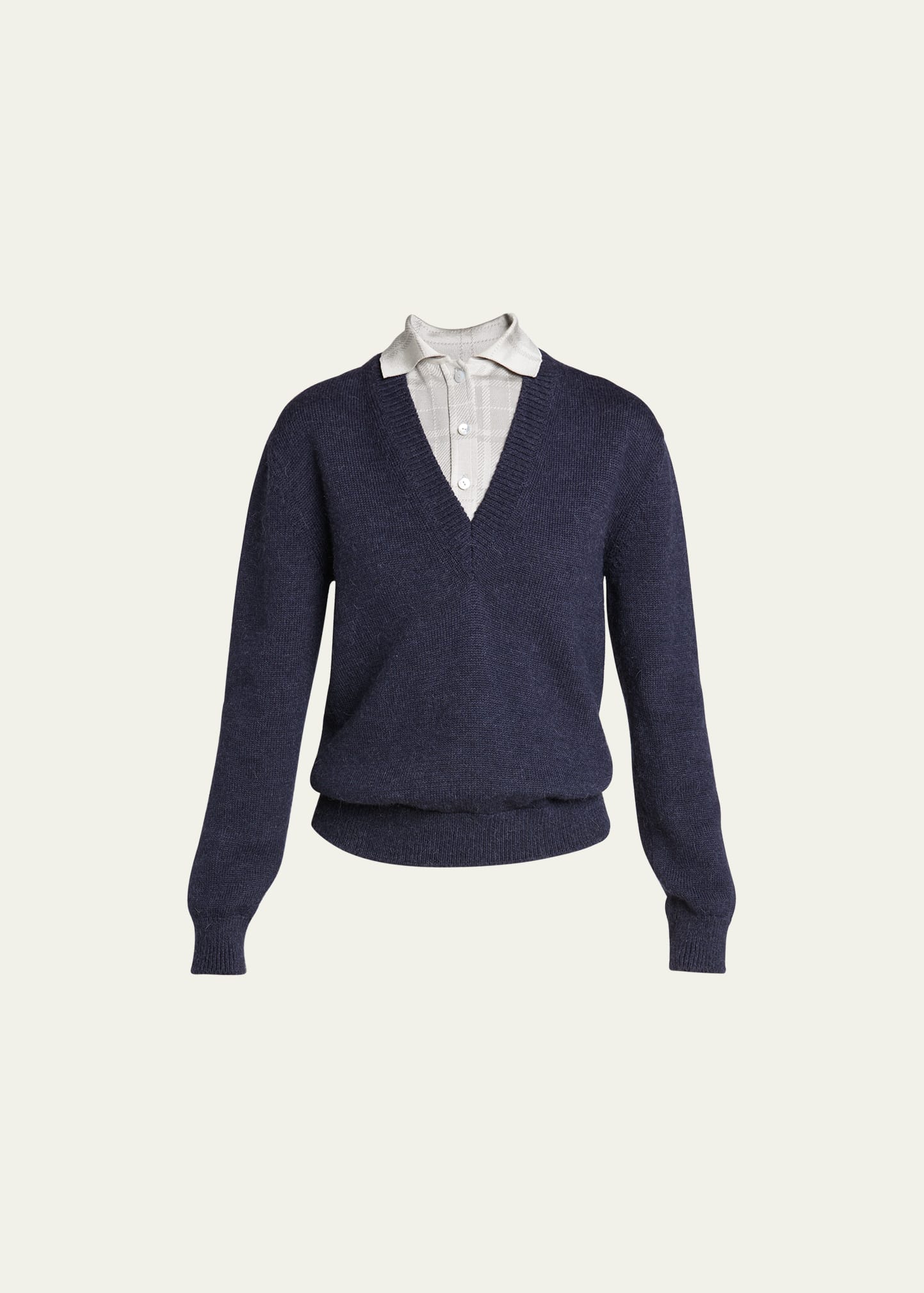 Shop Loewe Layered Plaid Shirt Wool Sweater In Navy Grey