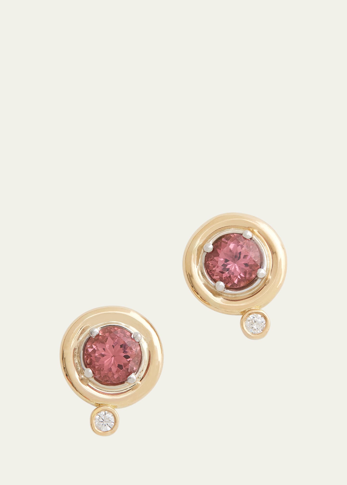 18K Yellow and White Gold Round Stud Earrings with Pink Tourmaline and Diamonds