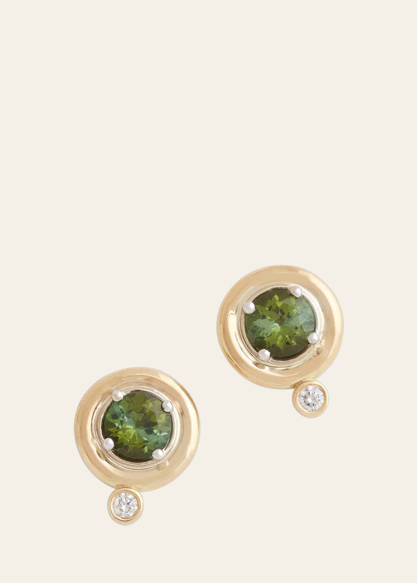 18K Yellow and White Gold Round Stud Earrings with Green Tourmaline and Diamonds