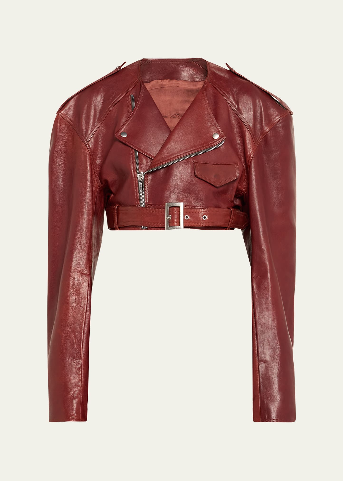 Shop Rick Owens Leather Cropped Belted Moto Jacket In Henna