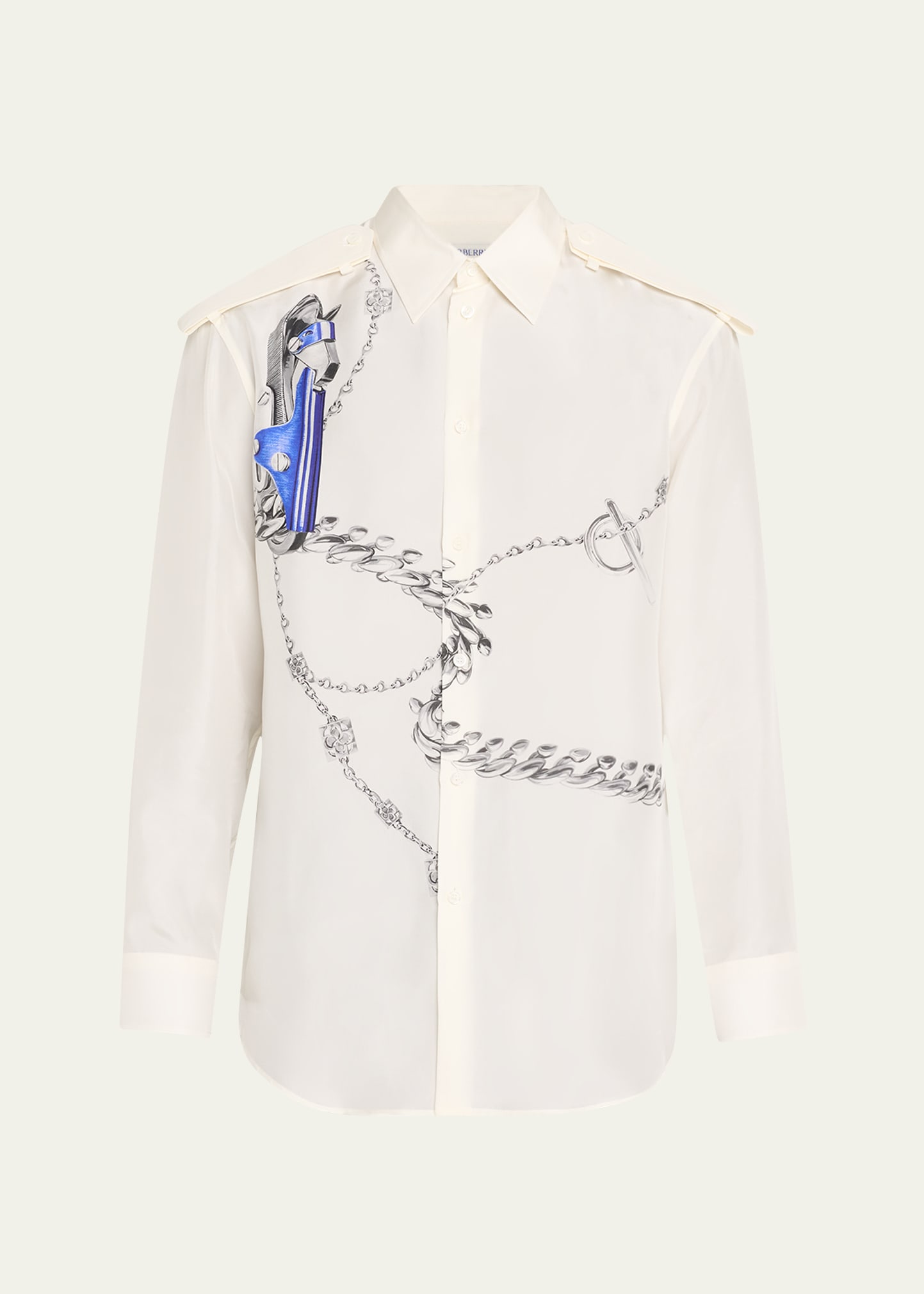 Burberry Men's Horsechain Graphic Epaulet Sport Shirt In White