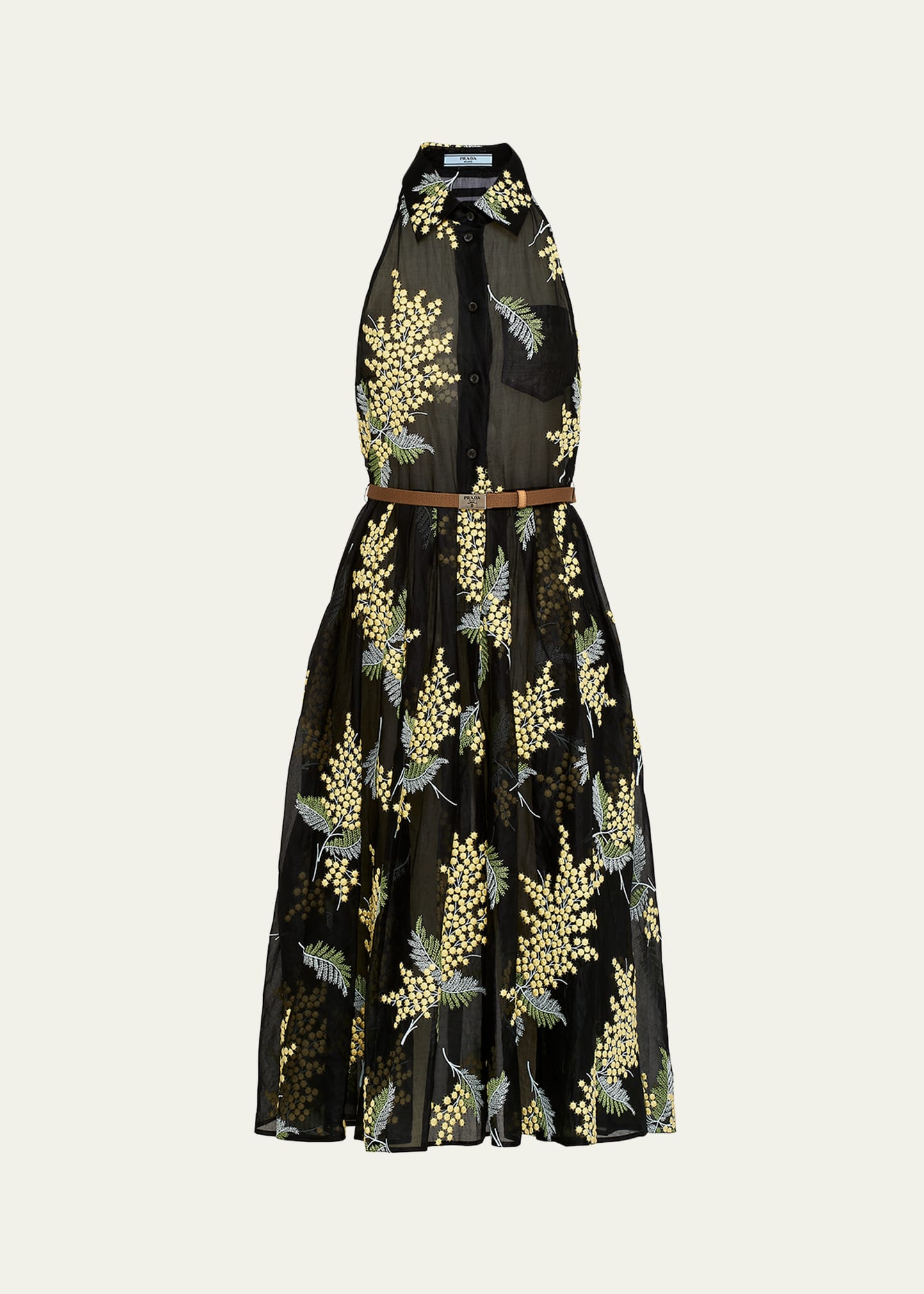 Shop Prada Embroidered Organza Sleeveless Belted Midi Dress In F0002 Nero