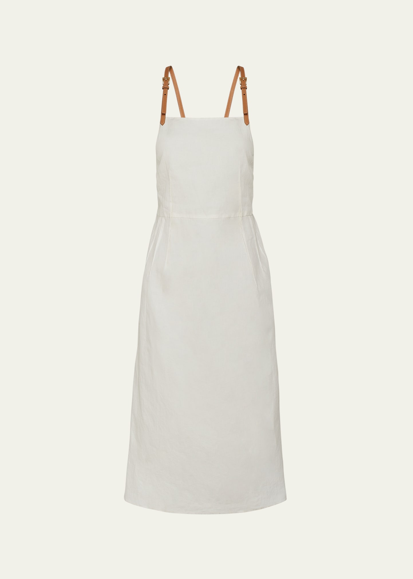 Prada Backless Leather Strap Midi Linen Dress In F0009 Bianco