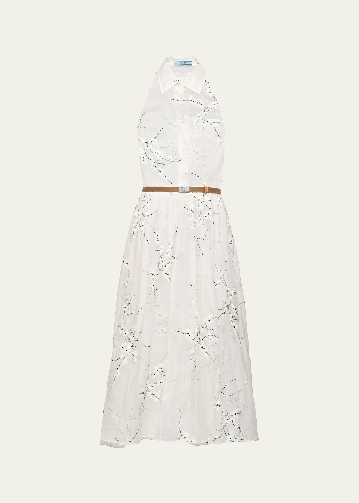 Prada Floral Embroidered Silk Midi Dress In F0009 Bianco