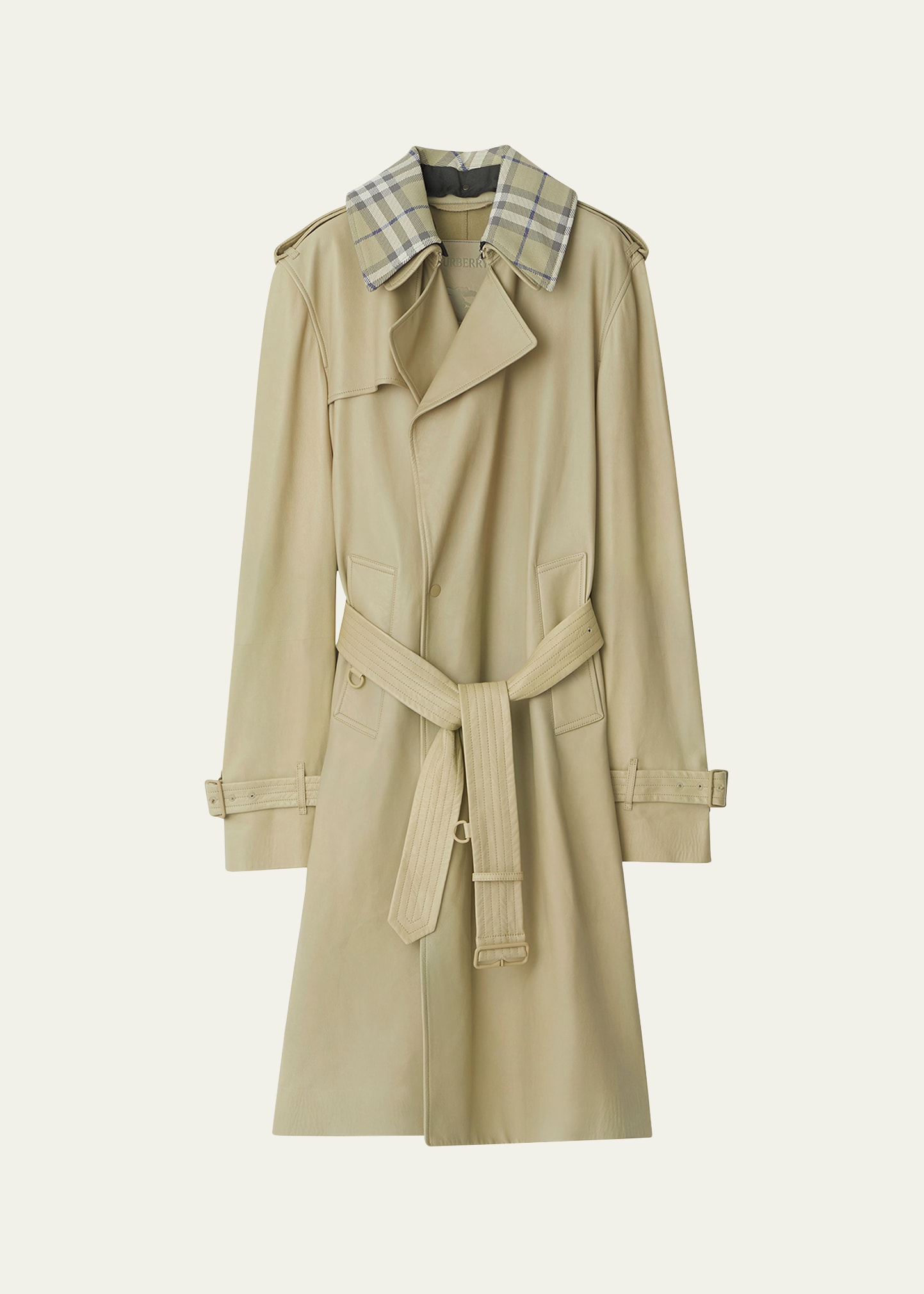 Shop Burberry Leather Trench Coat With Check Collar In Hunter