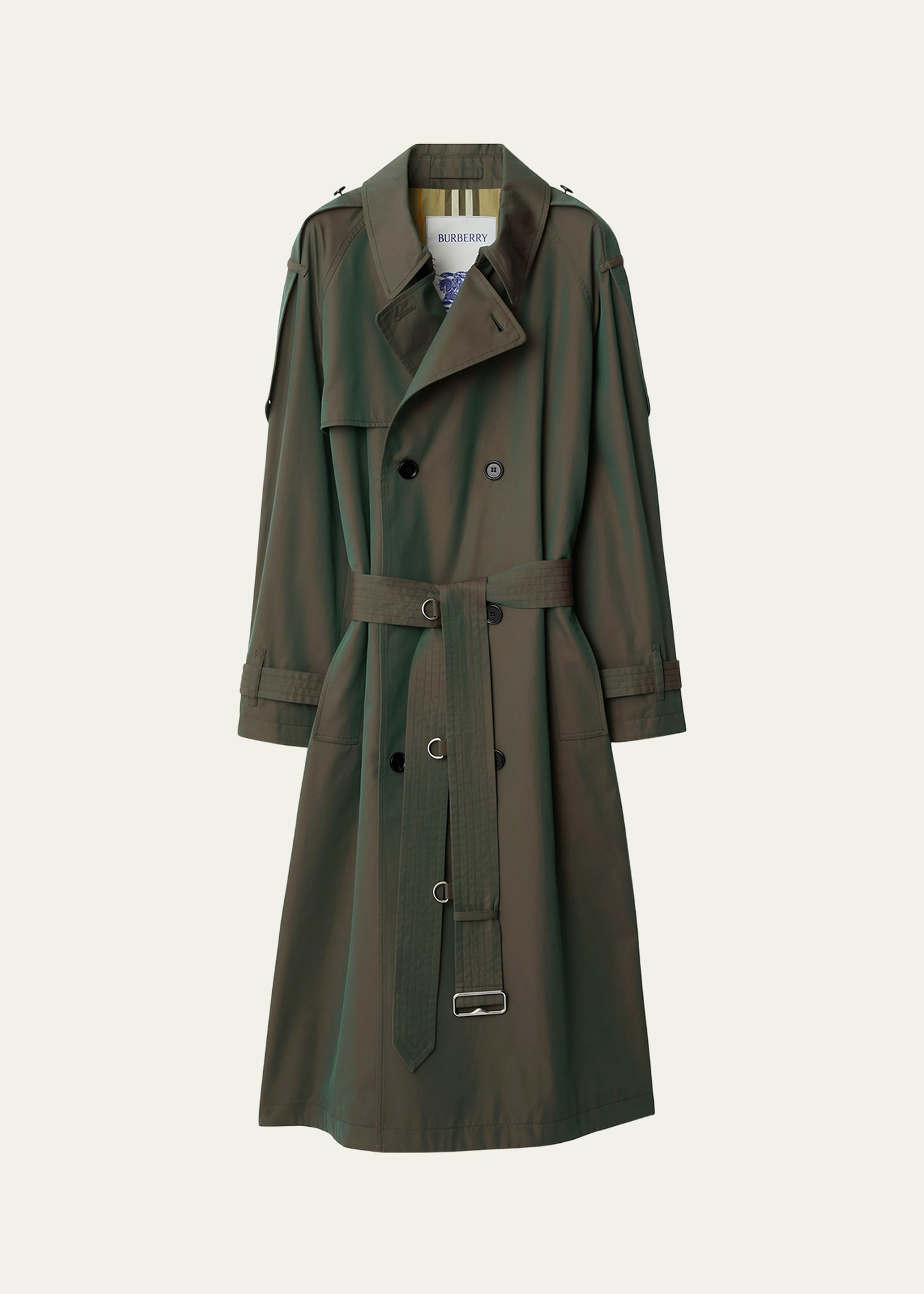 Shop Burberry Iridescent Belted Trench Coat In Antique Green