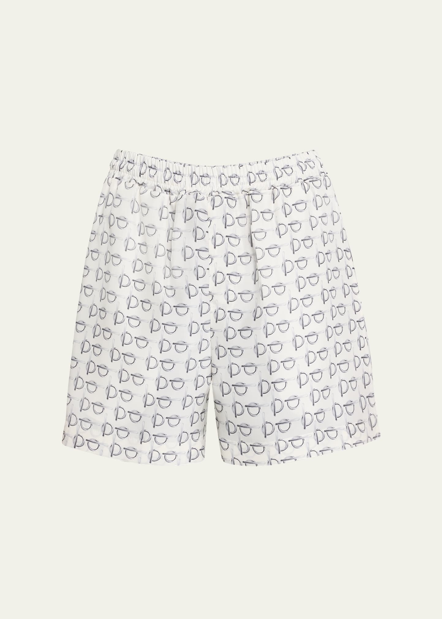 Burberry B Closure Print Silk Shorts In Silver/white