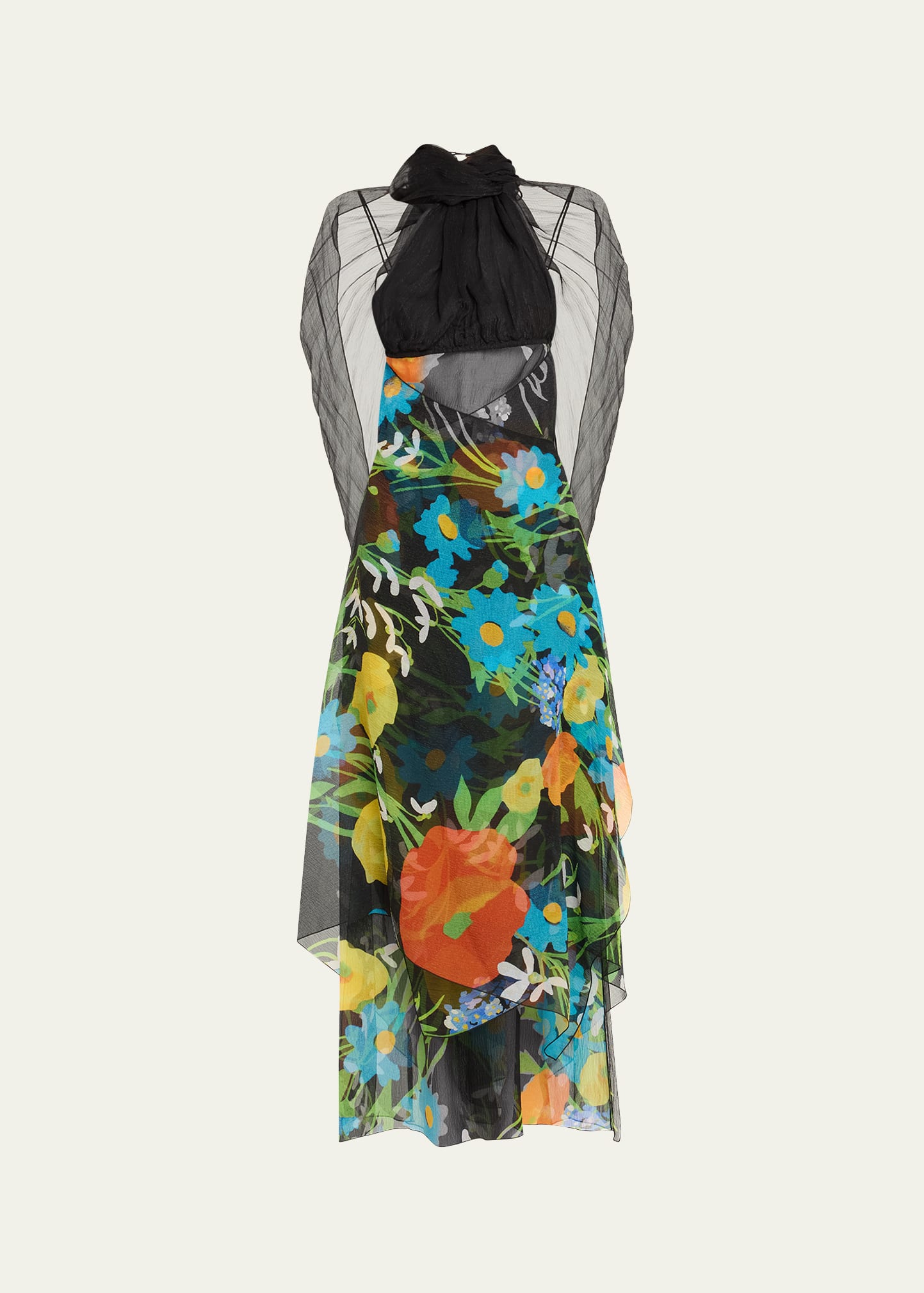 Shop Burberry Floral Tie-neck Backless Asymmetric Dress In Turquoise Ip Desi