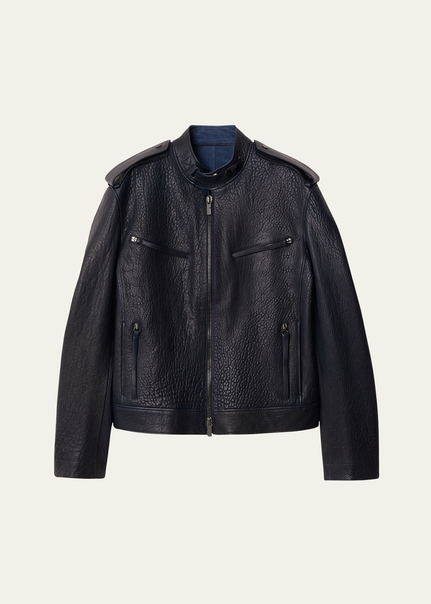 Shop Burberry Leather Moto Jacket In Blue