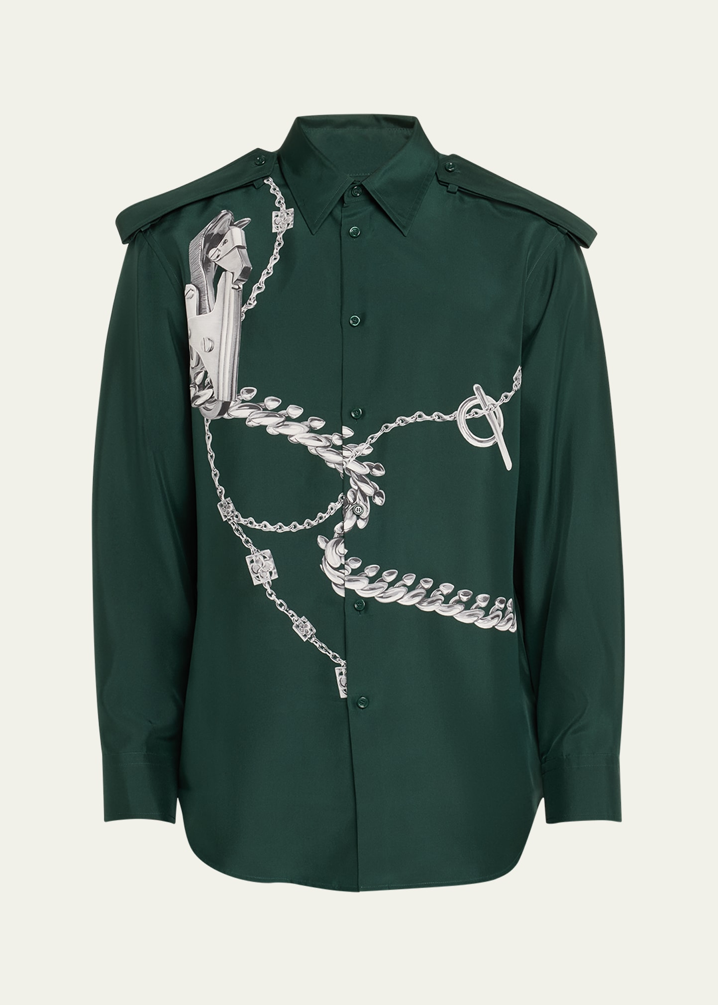 Burberry Men's Silk Horse Chain-print Epaulet Shirt In Silvergreen