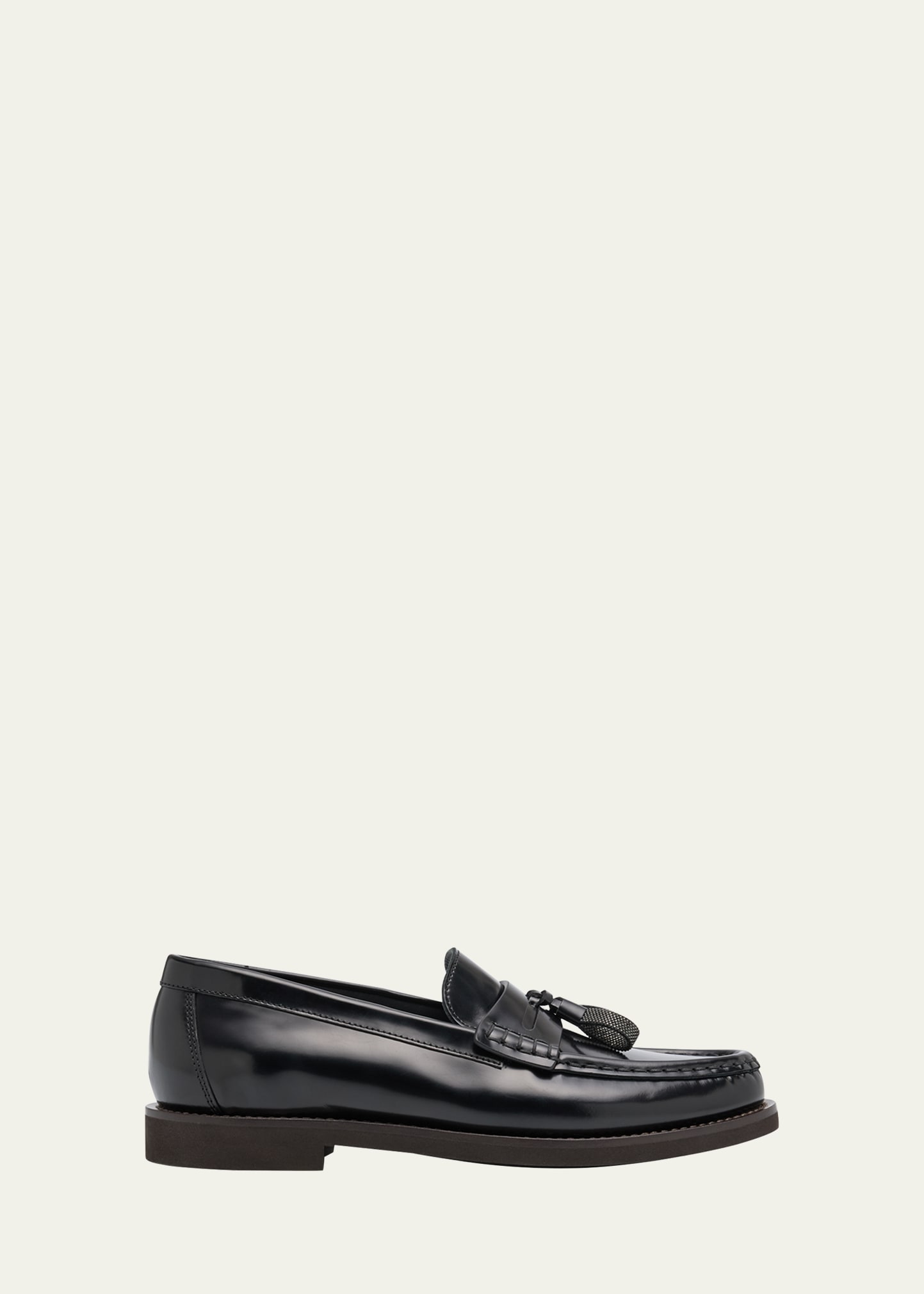Brunello Cucinelli Leather Monili Tassel Penny Loafers In Black