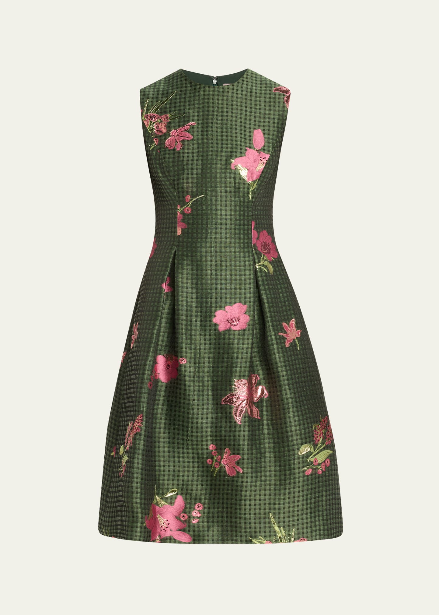 Lela Rose Betsy Metallic Floral Gingham Jacquard Sleeveless Dress In Green