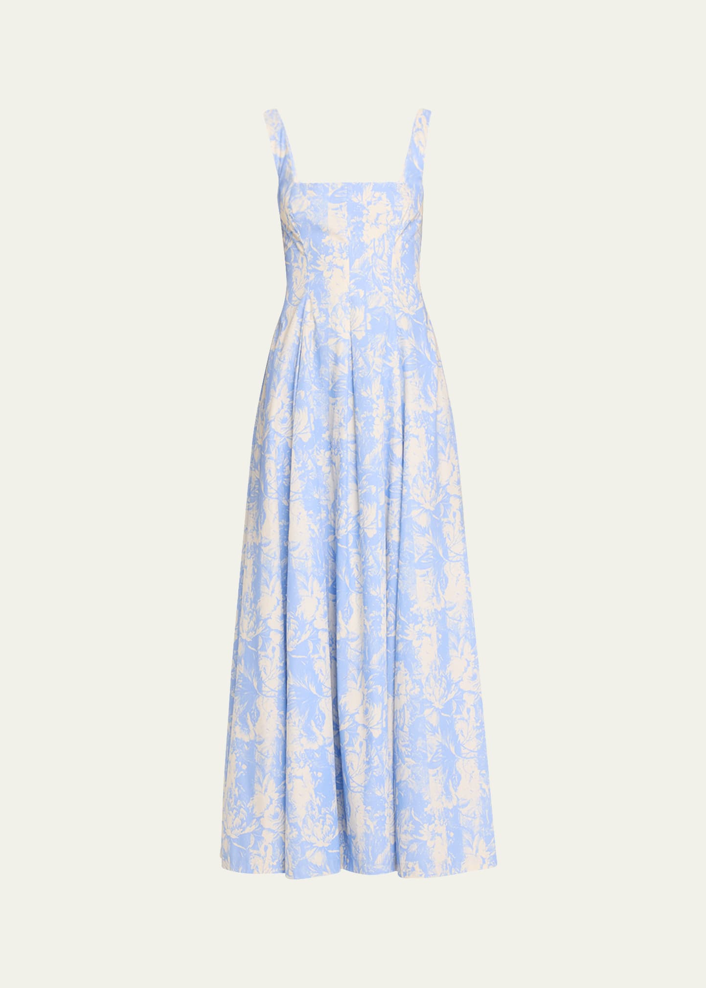 Square-Neck Striped Flower-Print Sleeveless Maxi Dress
