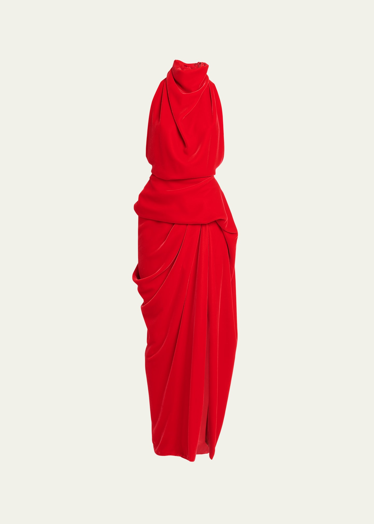 Shop Alexander Mcqueen Draped Velvet Backless Gown With Slit In Love Red