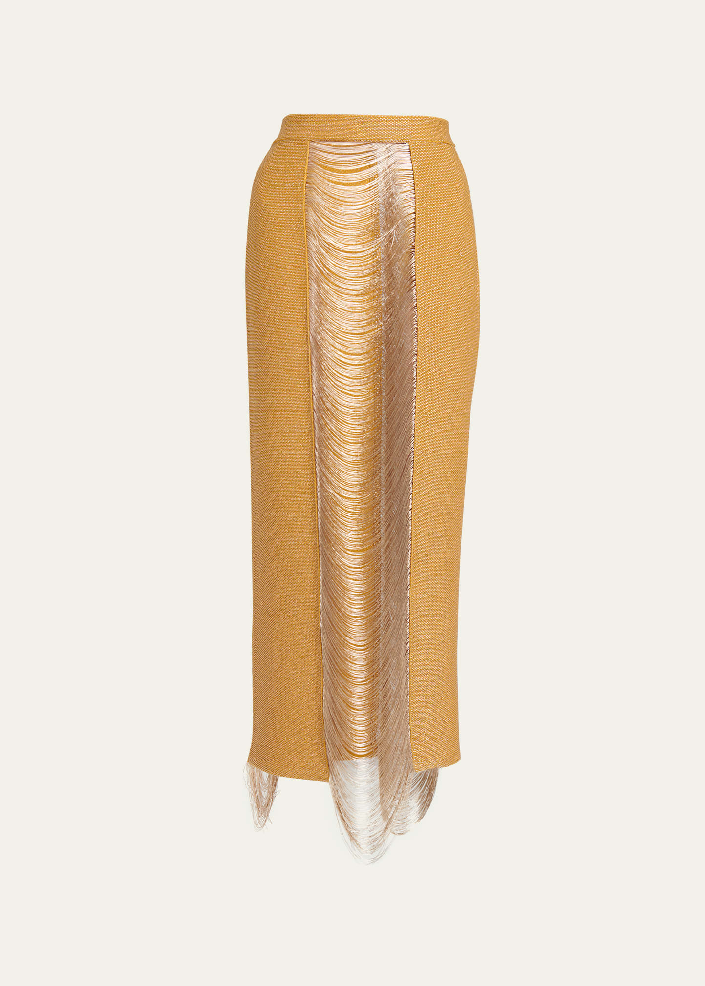 Alexander Mcqueen Ladder Fringe Pencil Maxi Skirt In Gold Metal