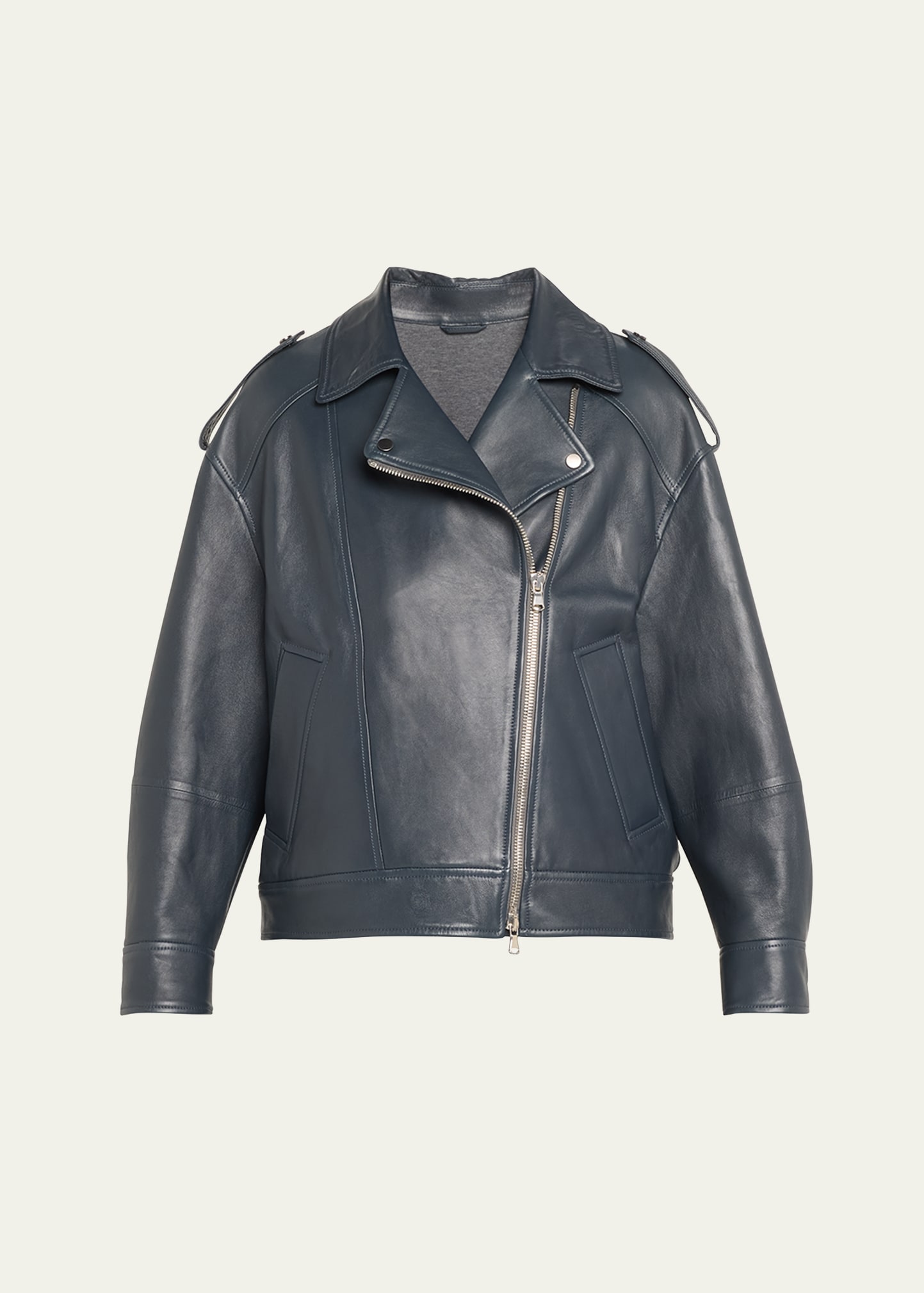 Brunello Cucinelli Smooth Glove Leather Oversized Moto Jacket In C7186 Blue