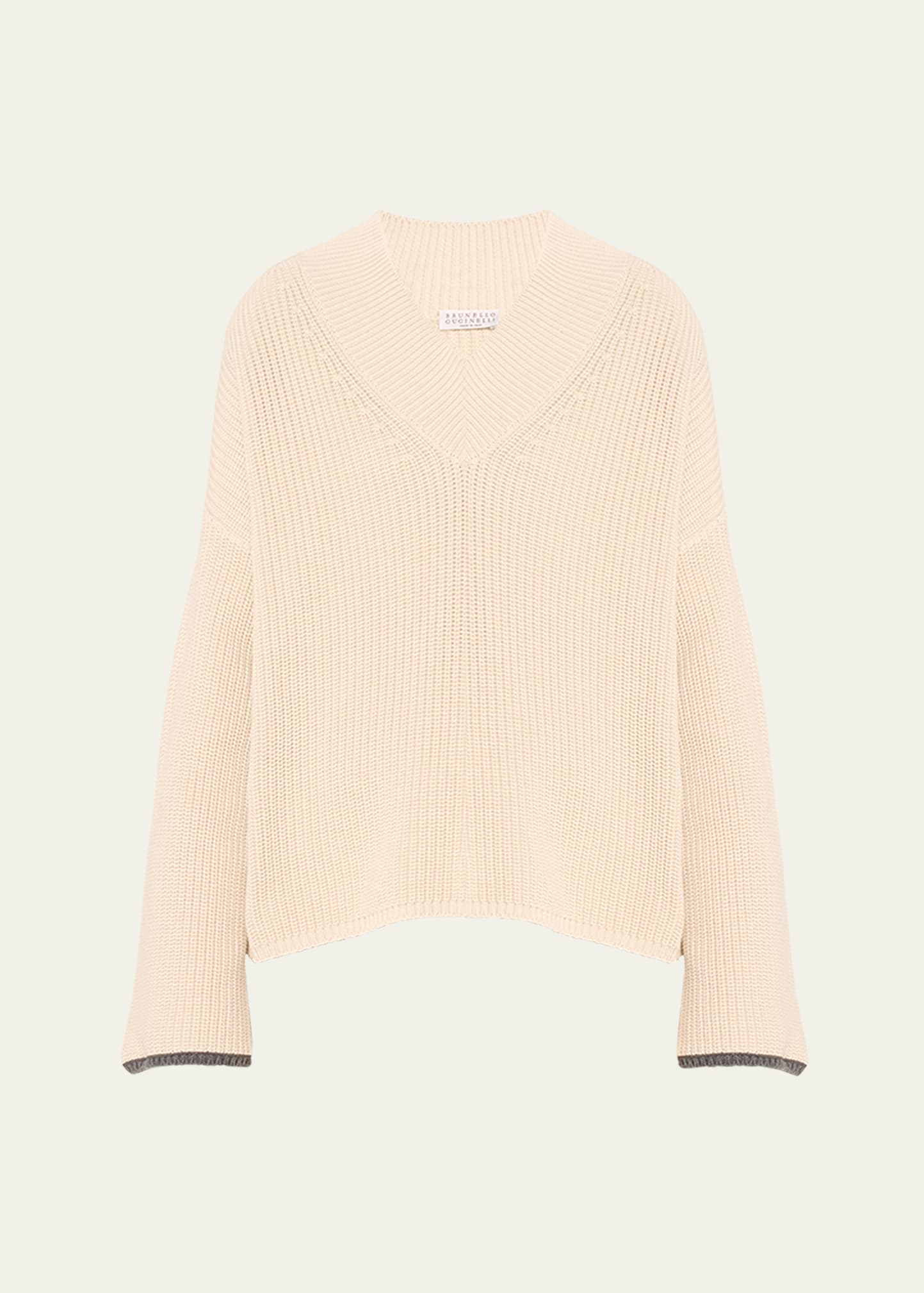 Brunello Cucinelli Exaggerated-sleeve Ribbed V-neck Sweater In Cfh19 Butter