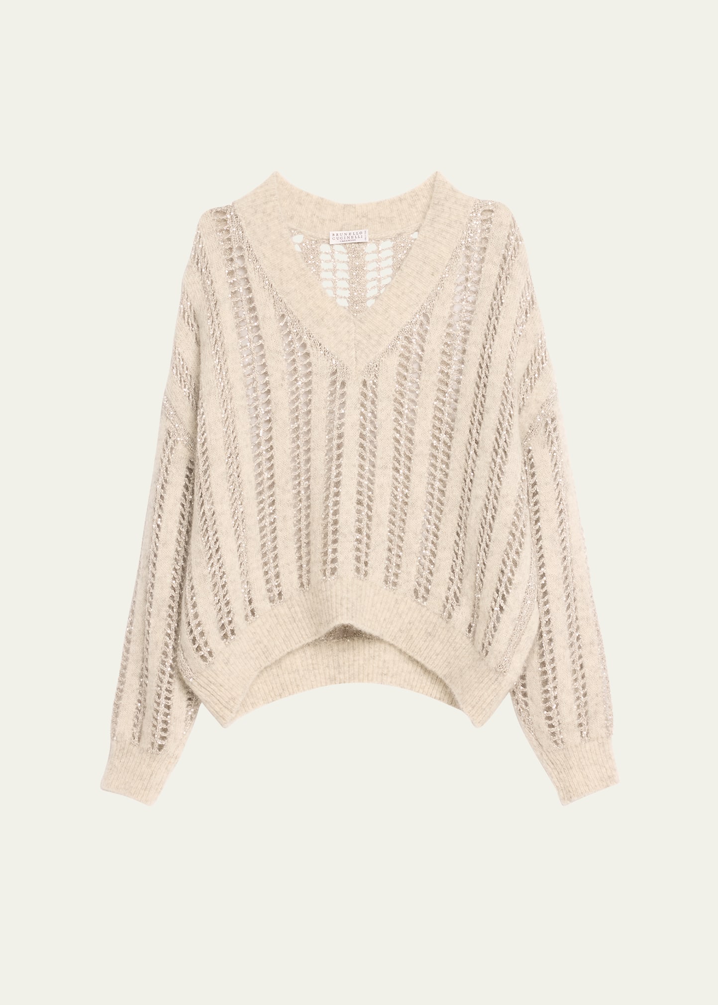 Brunello Cucinelli Mohair Wool Lattice Knit Sweater With Paillette Detail In Neutral