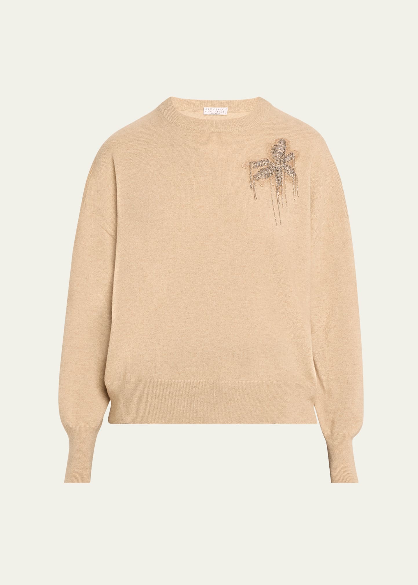 Brunello Cucinelli Cashmere Sweater With Floral Crest Detail In Neutral