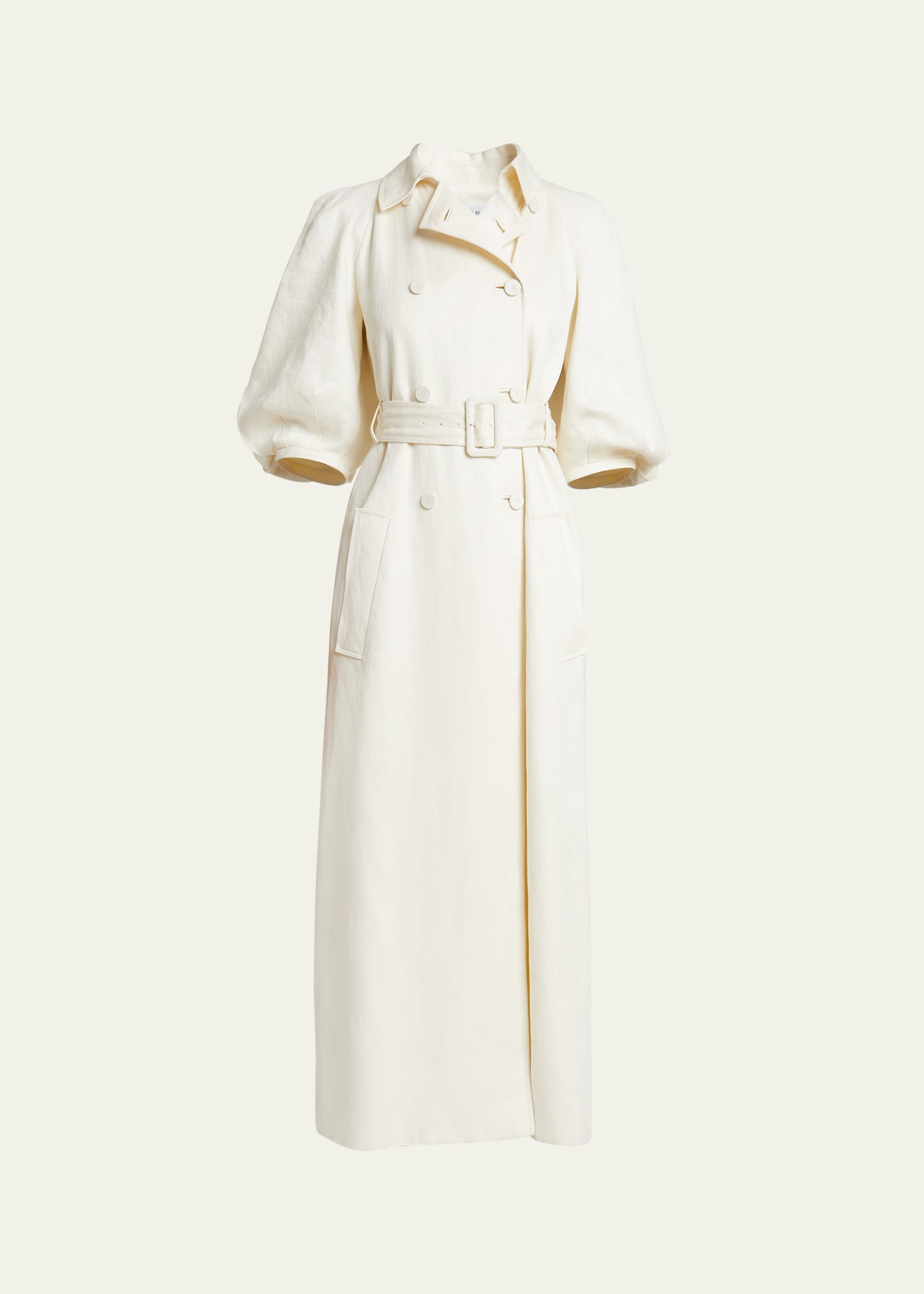 Iona Puff-Sleeve Linen Long Trench Coat