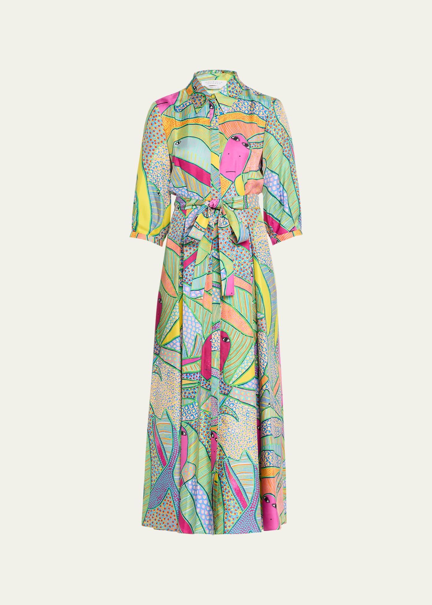 Shop Gabriela Hearst Andy Abstract-print 3/4-sleeve Belted Silk Maxi Shirtdress In Multi