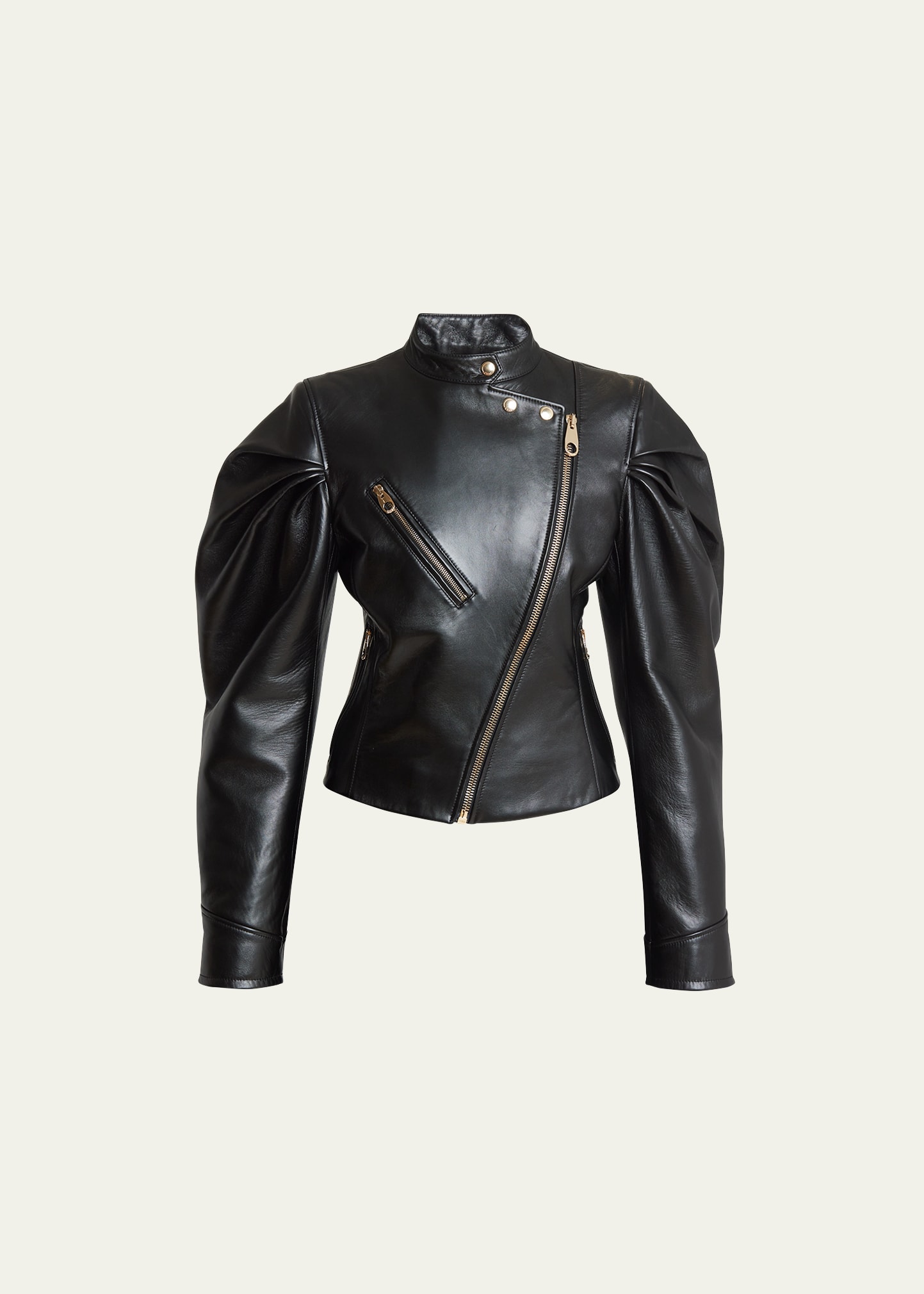Shop Chloé Plonge Leather Biker Jacket With Petal Pleated Sleeves In Black