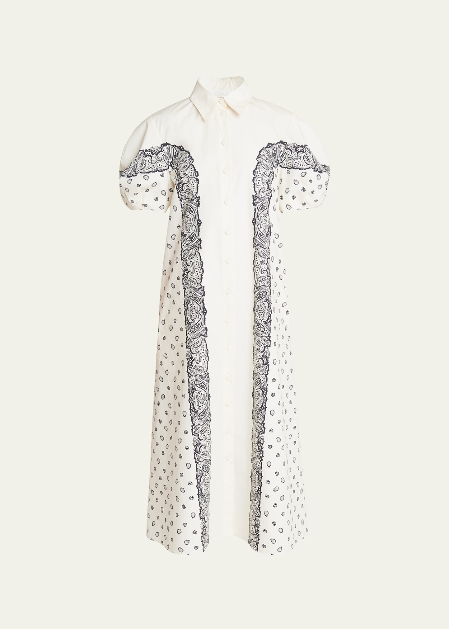 Paisley Print Poplin Puff-Sleeve Midi Dress