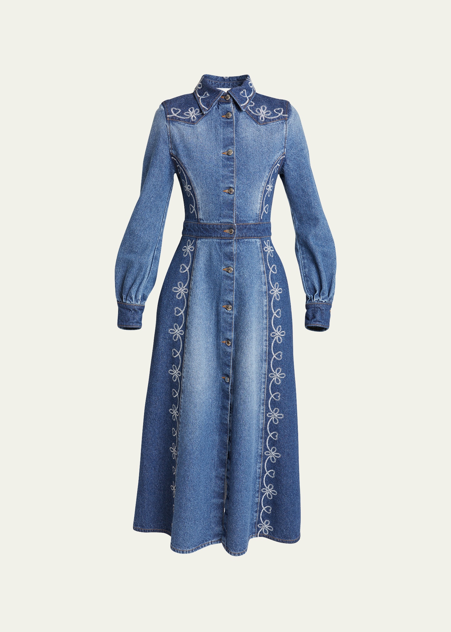 Chloé Fit-flare Denim Embroidered Midi Dress In Multicolor Blue 1