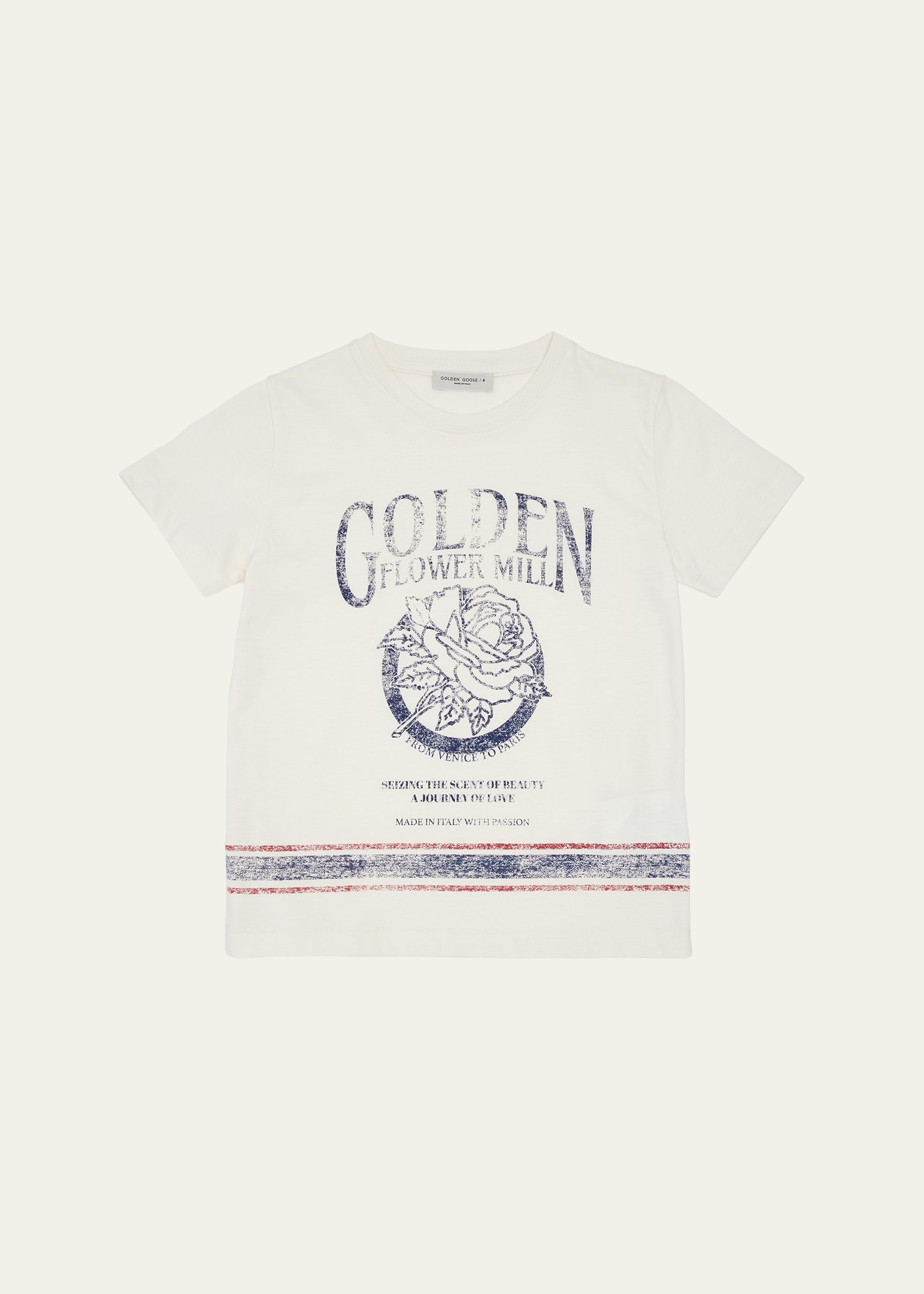Golden Goose Kids' Boy's Journey Golden Flower Mill Printed Short-sleeve T-shirt In Artic Wolf