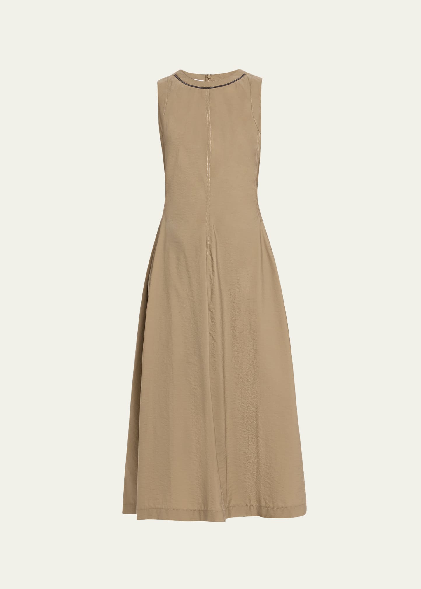 Brunello Cucinelli Techno Cotton Popeline Midi Dress With Monili Collar Detail In Neutral