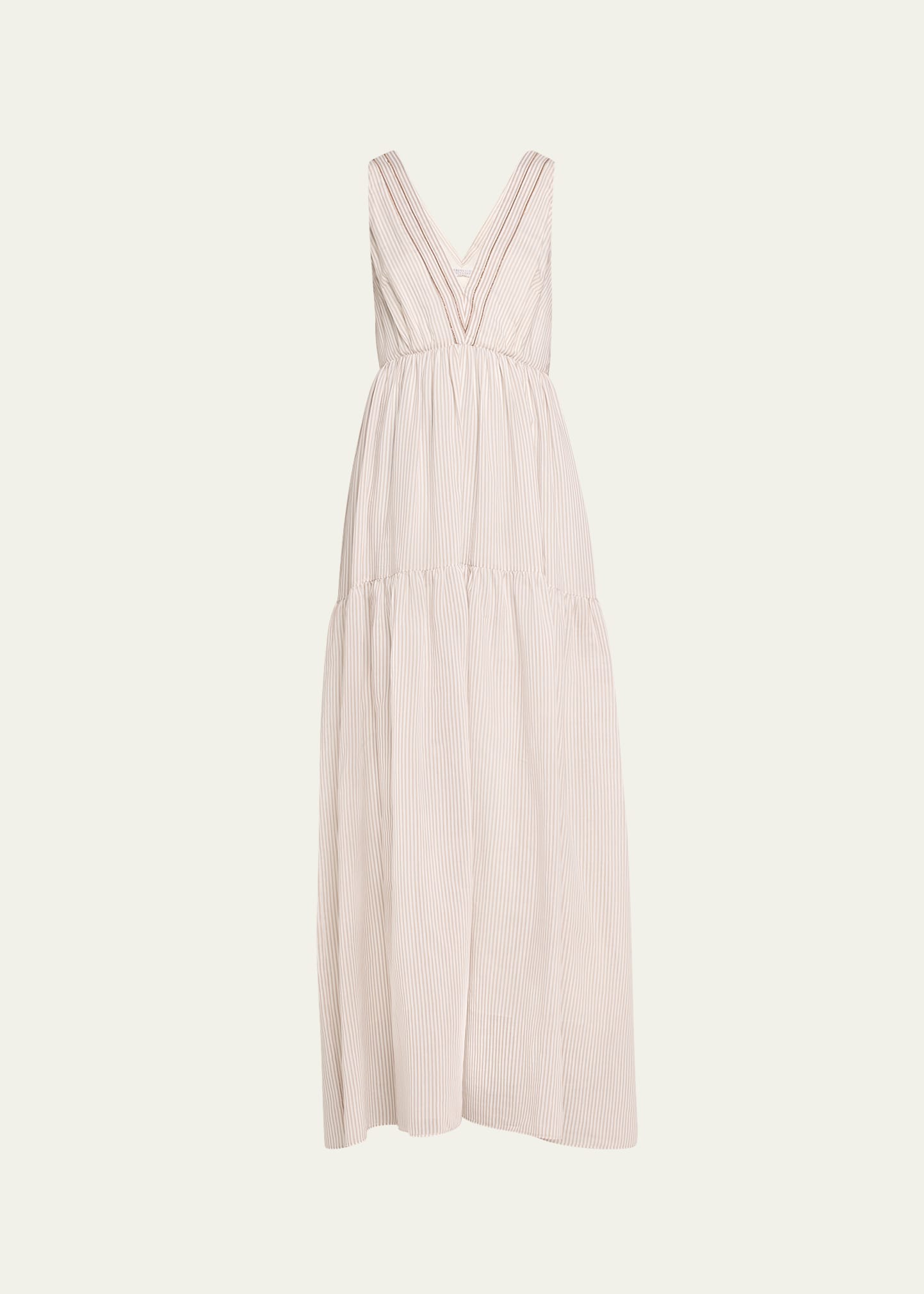 Brunello Cucinelli Cotton Silk Striped Maxi Dress With Ruffled Waist And Monili Detail In White