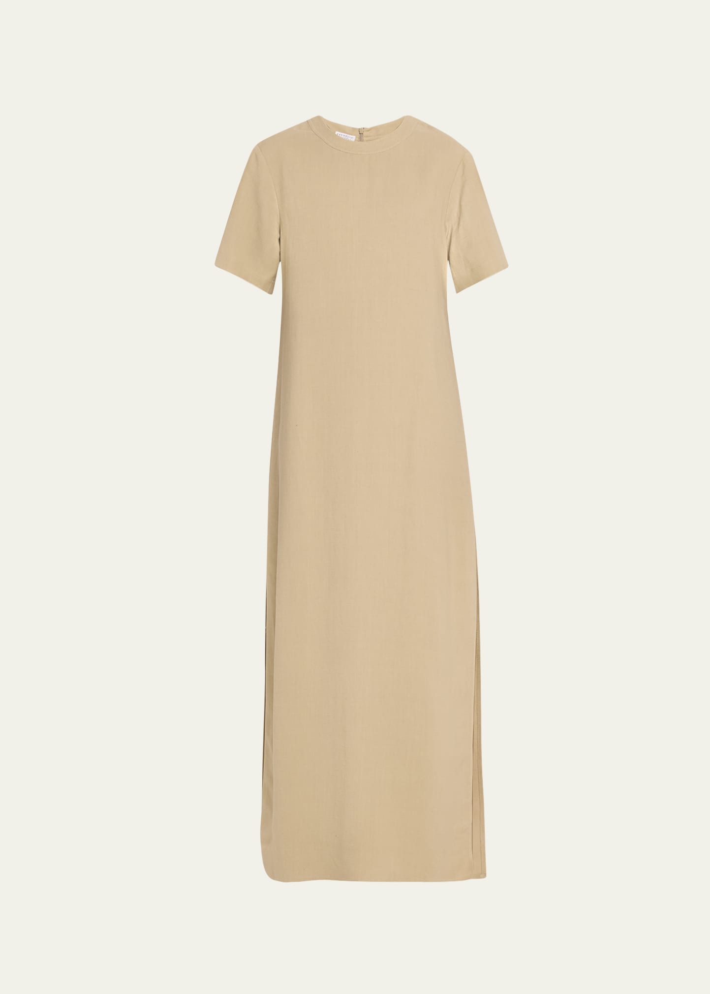 Shop Brunello Cucinelli Fluid Linen Twill T-shirt Dress With Slits And Monili Detail In C8576 Light Taupe