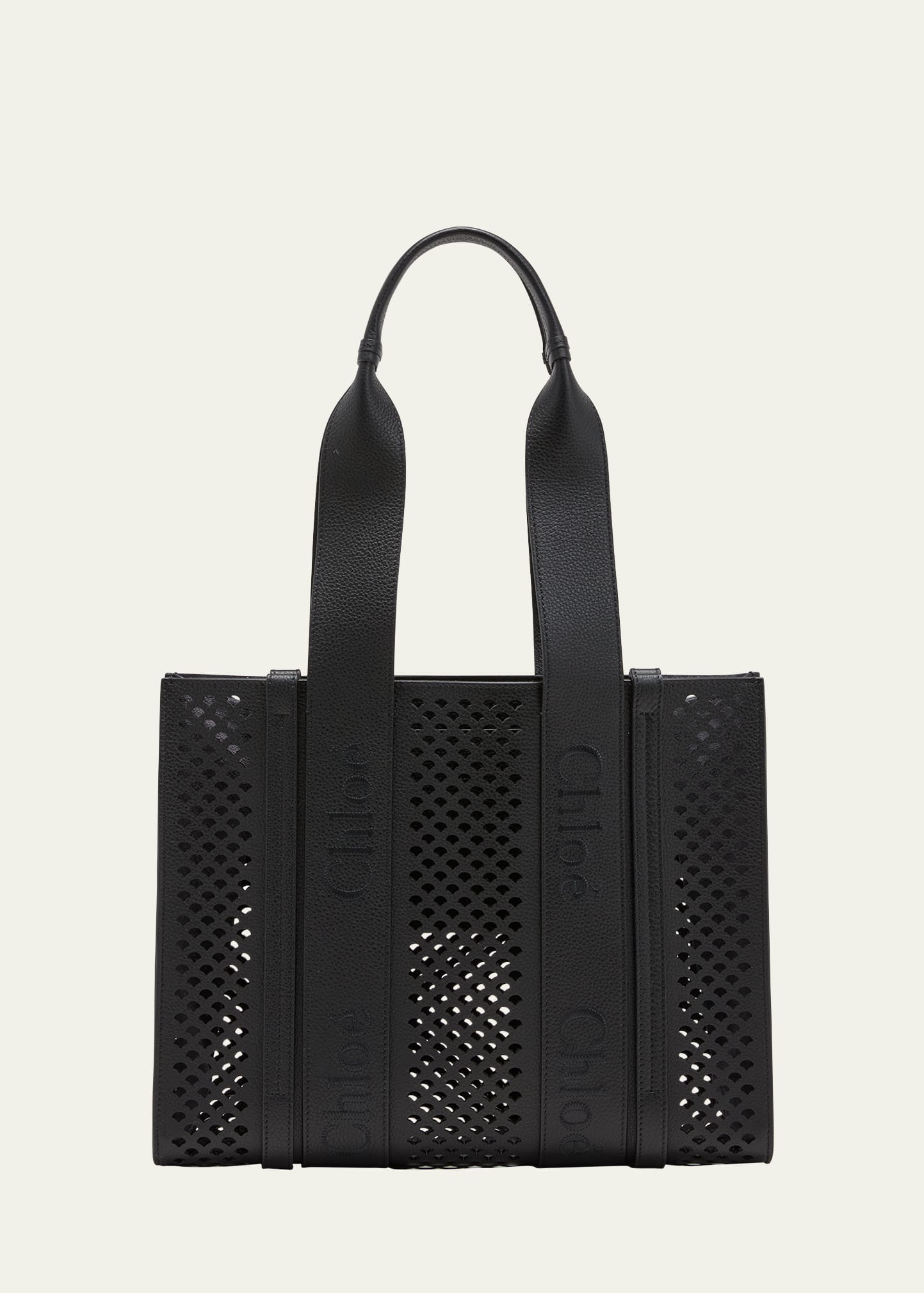 Chloé Woody Medium Tote Bag In Perforated Leather In Black