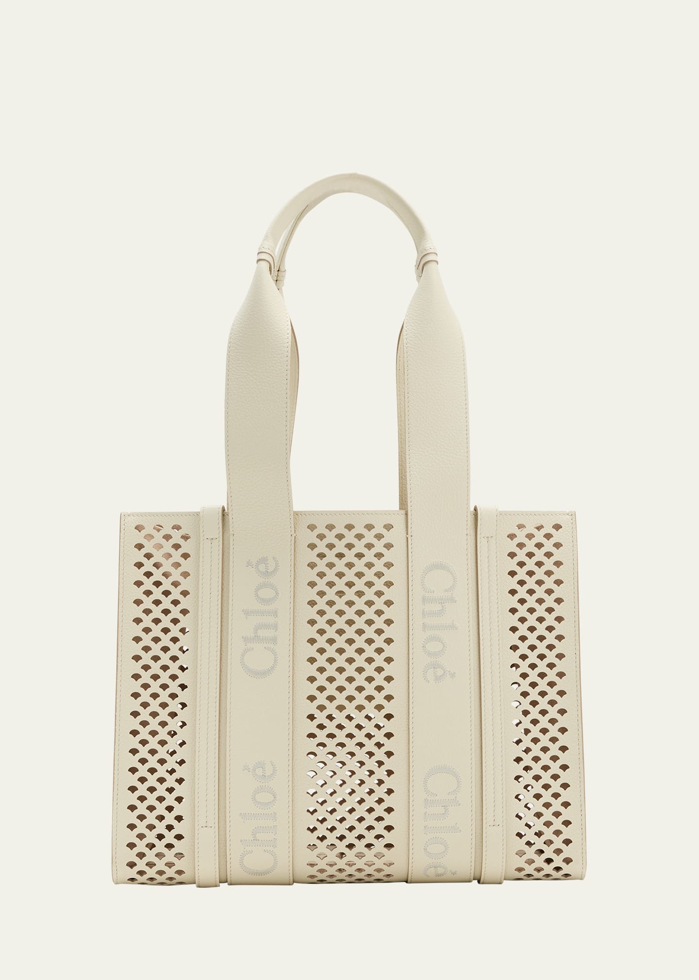 Shop Chloé Woody Medium Tote Bag In Perforated Leather In Misty Ivory