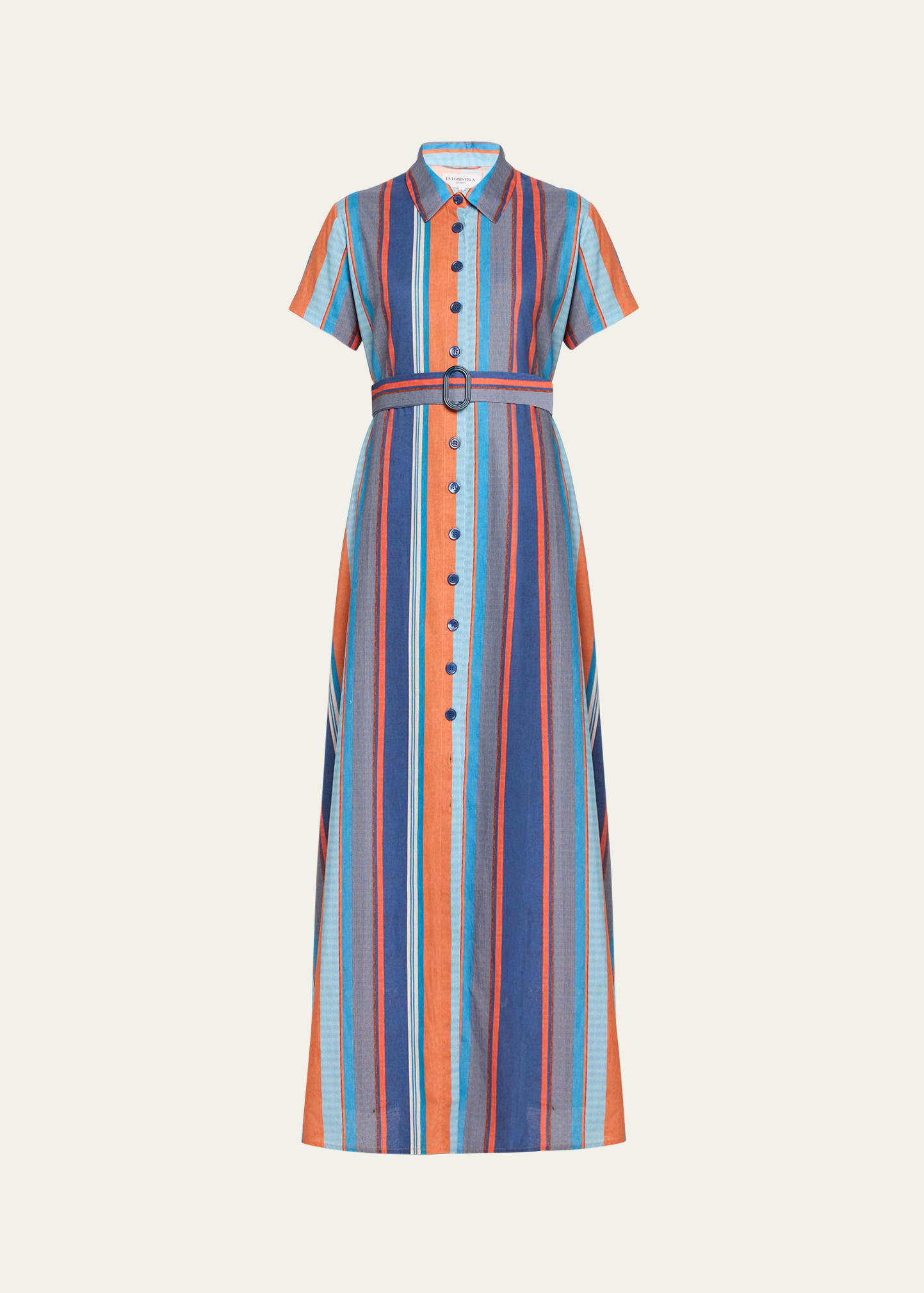 Shop Evi Grintela Valerie Striped Linen-cotton Maxi Shirtdress In Blue/ Orange Stri