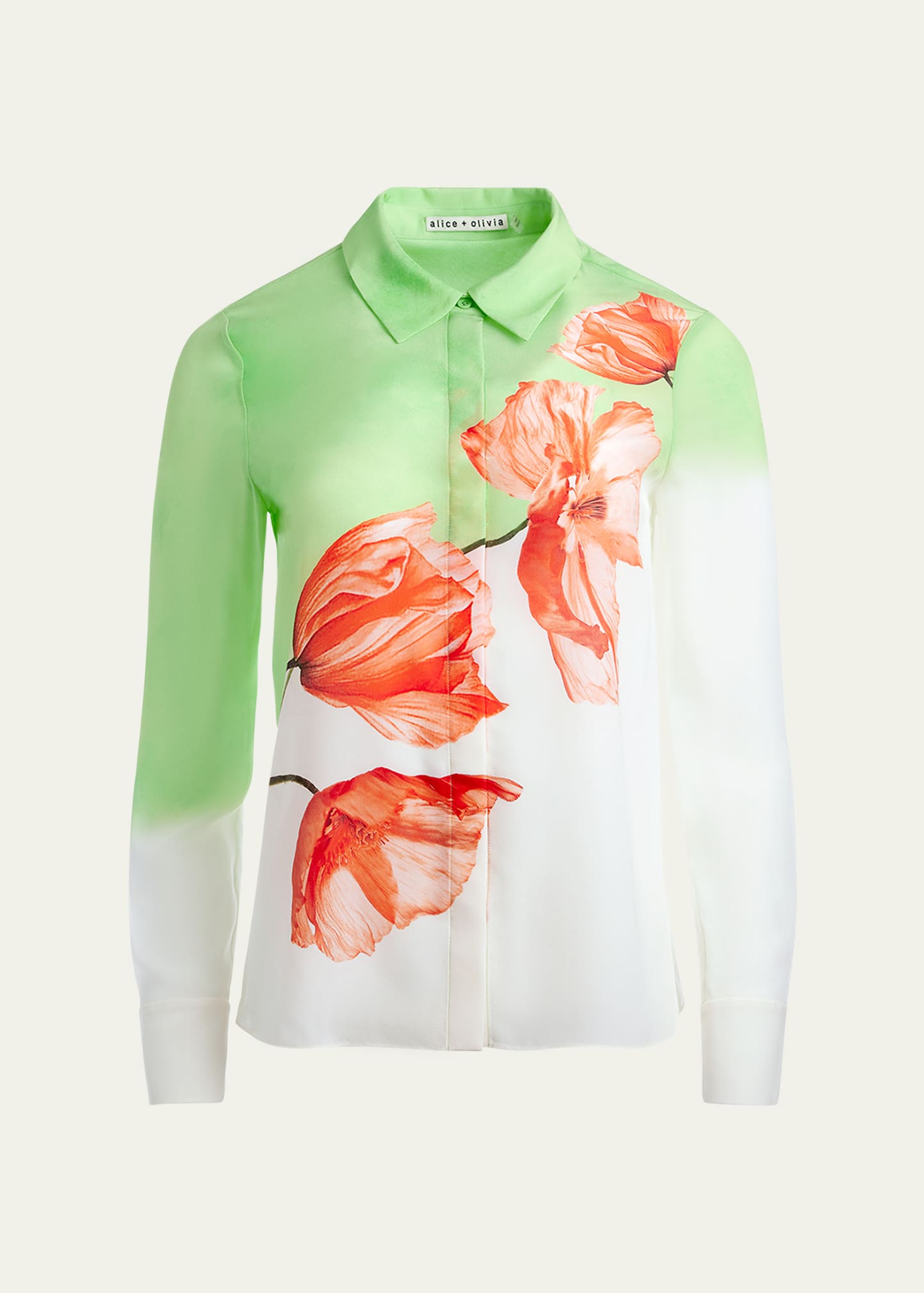 Brady Two-Tone Floral Oversized Button-Front Silk Blouse