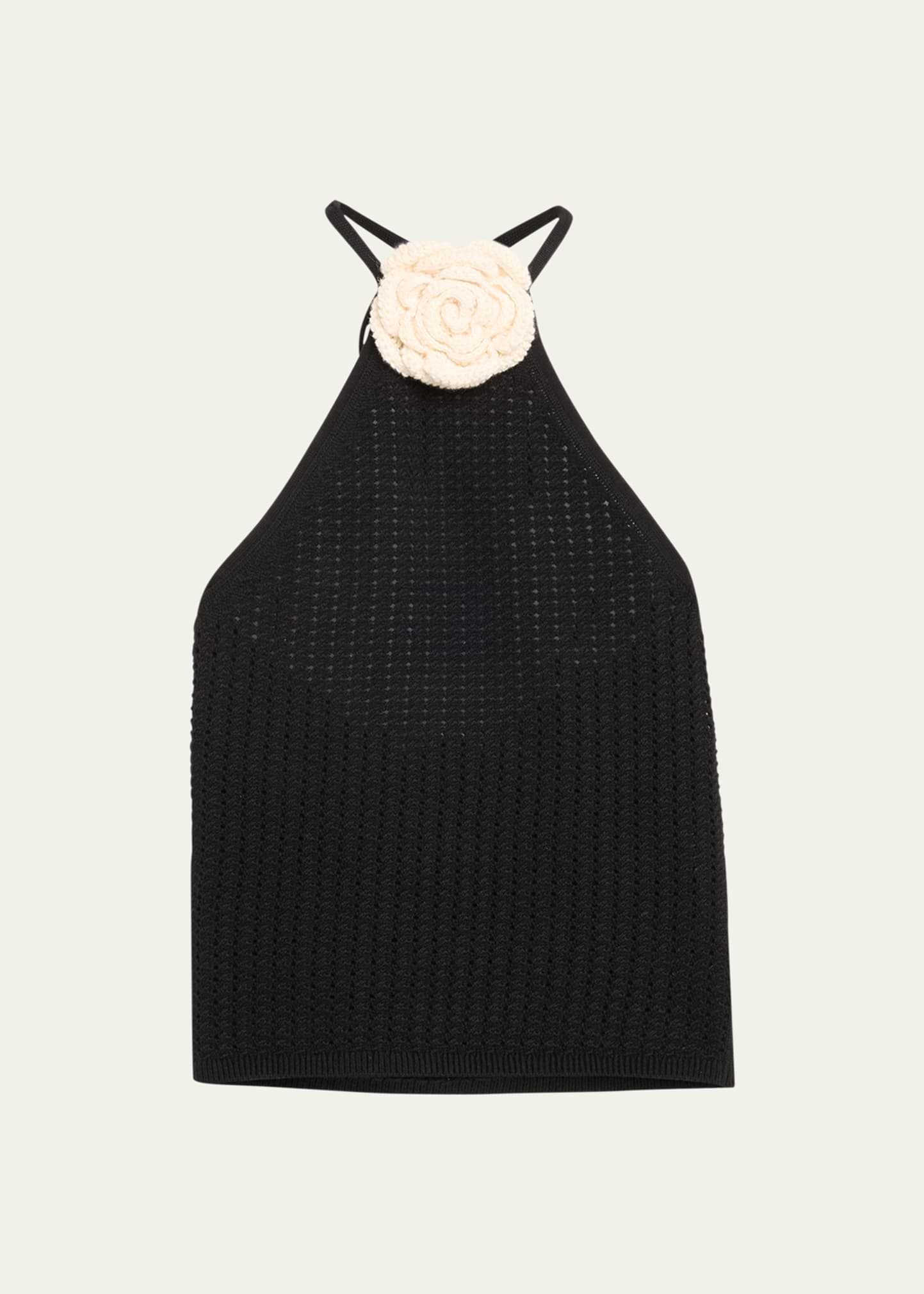 Shop Alice And Olivia Bessie Crochet Floral Applique Halter Top In Black/soft White