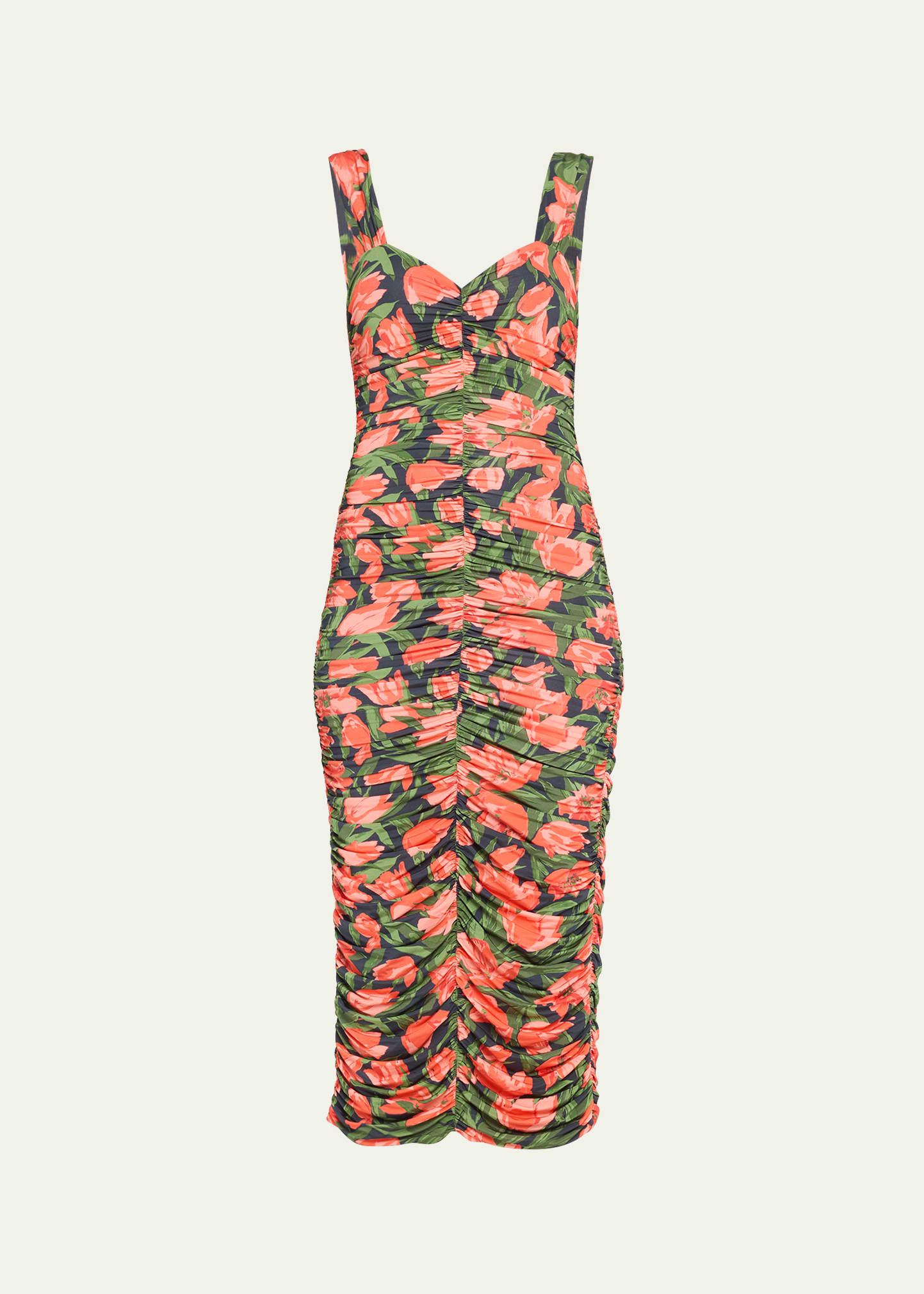 Shop Carolina Herrera Floral-print Ruched Midi Dress In Midnight Multi