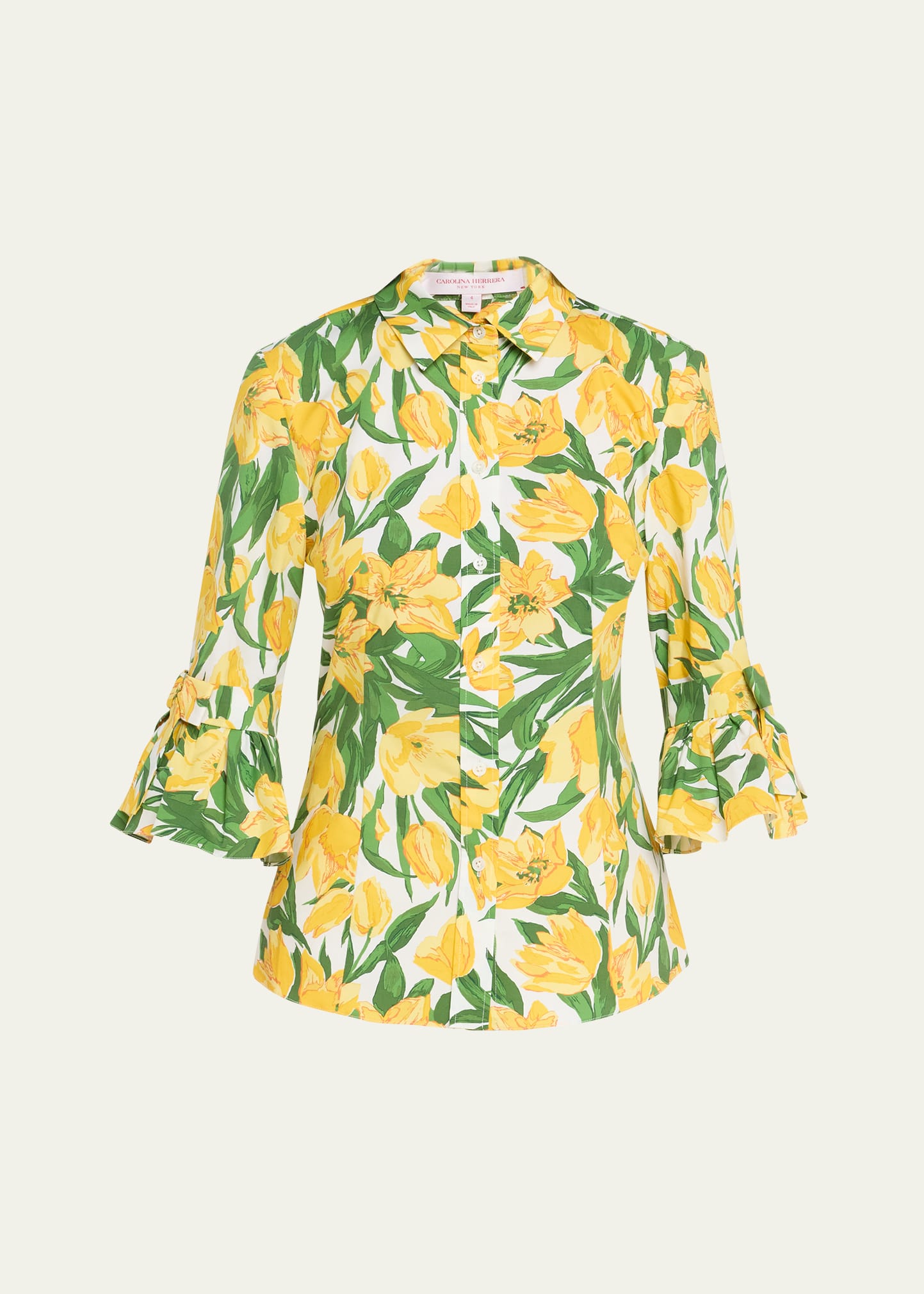 Carolina Herrera Floral Bow Flounce-sleeve Button Down Blouse In White Multi