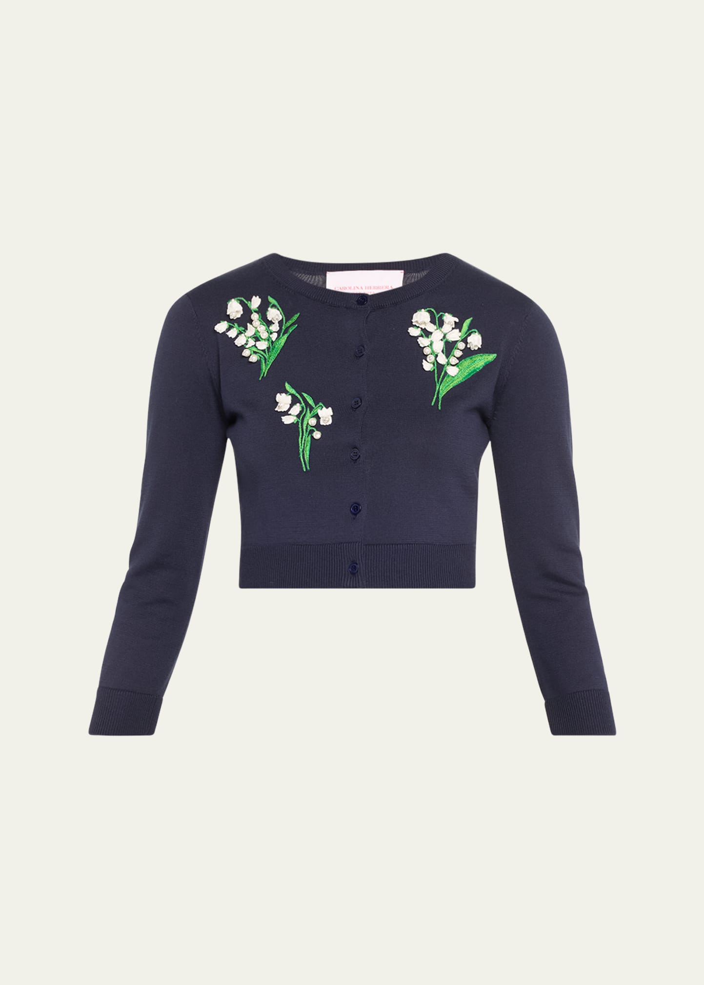 Carolina Herrera Floral Bead Embroidered 3/4-sleeve Crop Cardigan In Midnight Multi