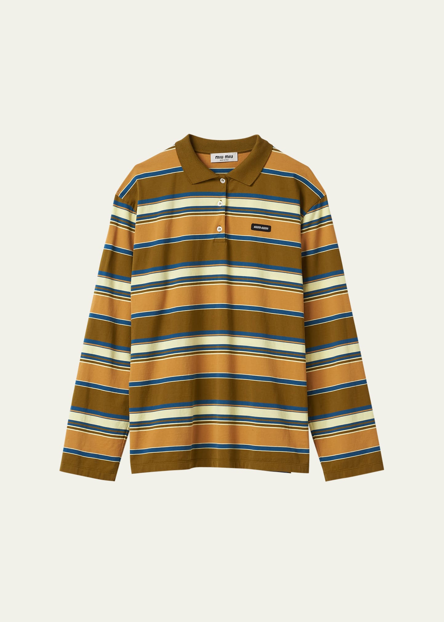 Miu Miu Striped Cotton Polo Shirt In Braun