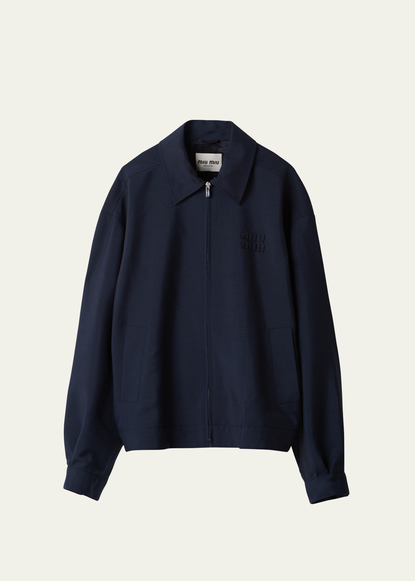 Shop Miu Miu Logo-embroidered Zip Up Wool Bomber Jacket In F0124 Navy
