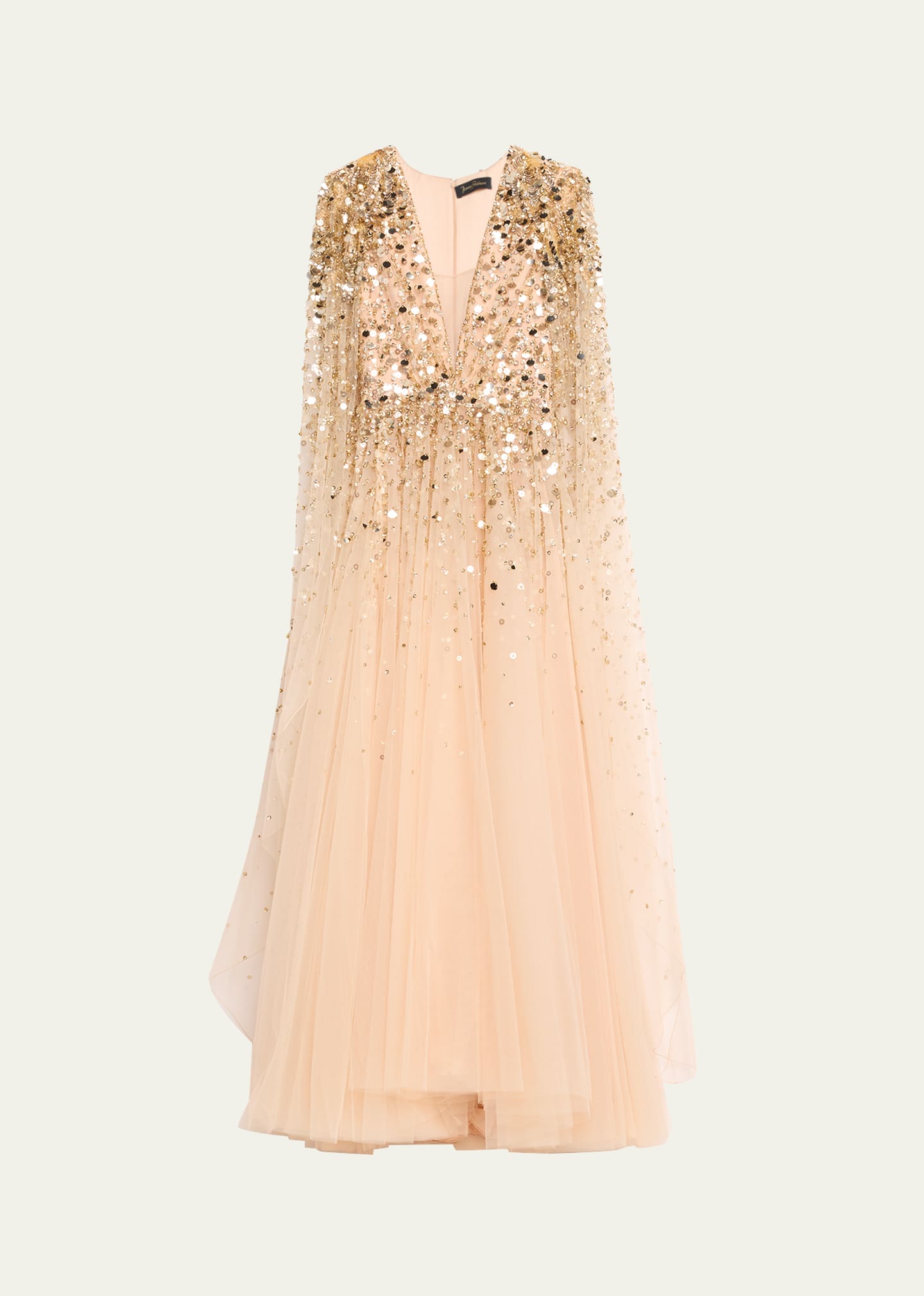 Jenny Packham Alondra Bead Sequined Cape-sleeve Gown In Illusion Gold