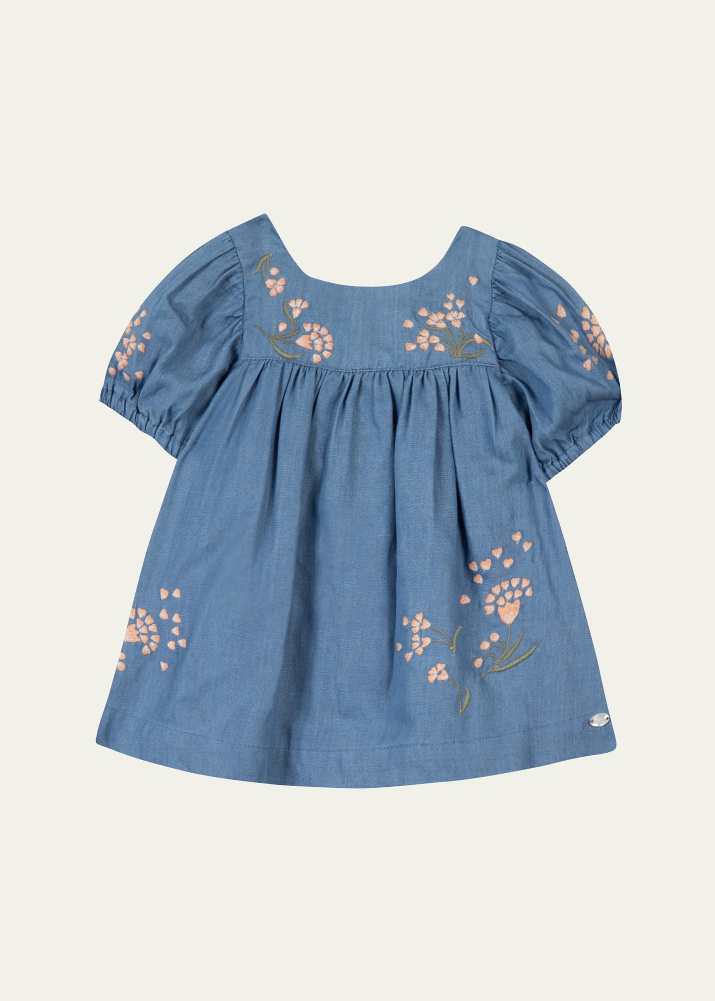 Girl's Floral Embroidered Chambray Dress, Size 9M-3