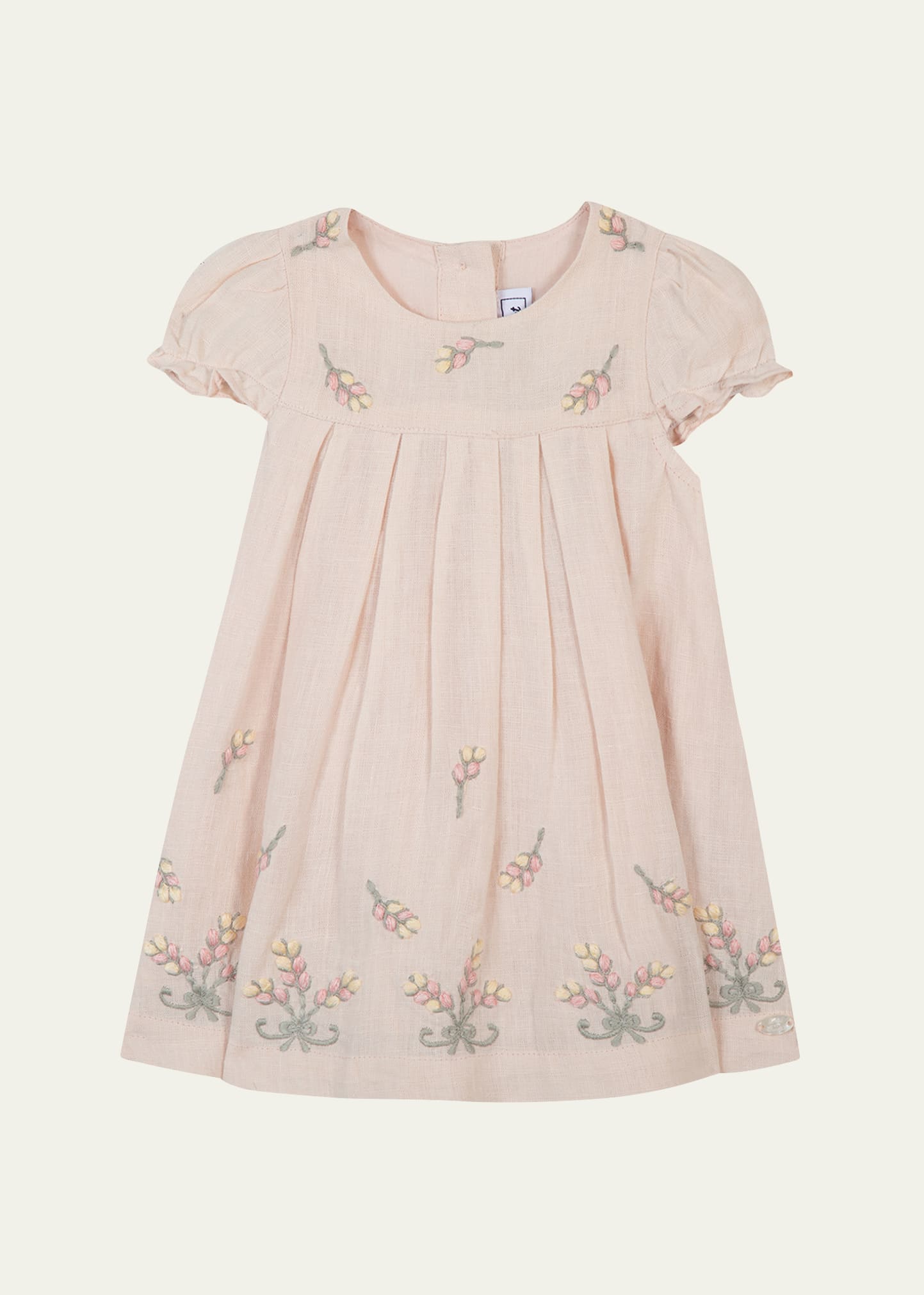 Girl's Linen Floral Embroidered Dress, Size 9M-3
