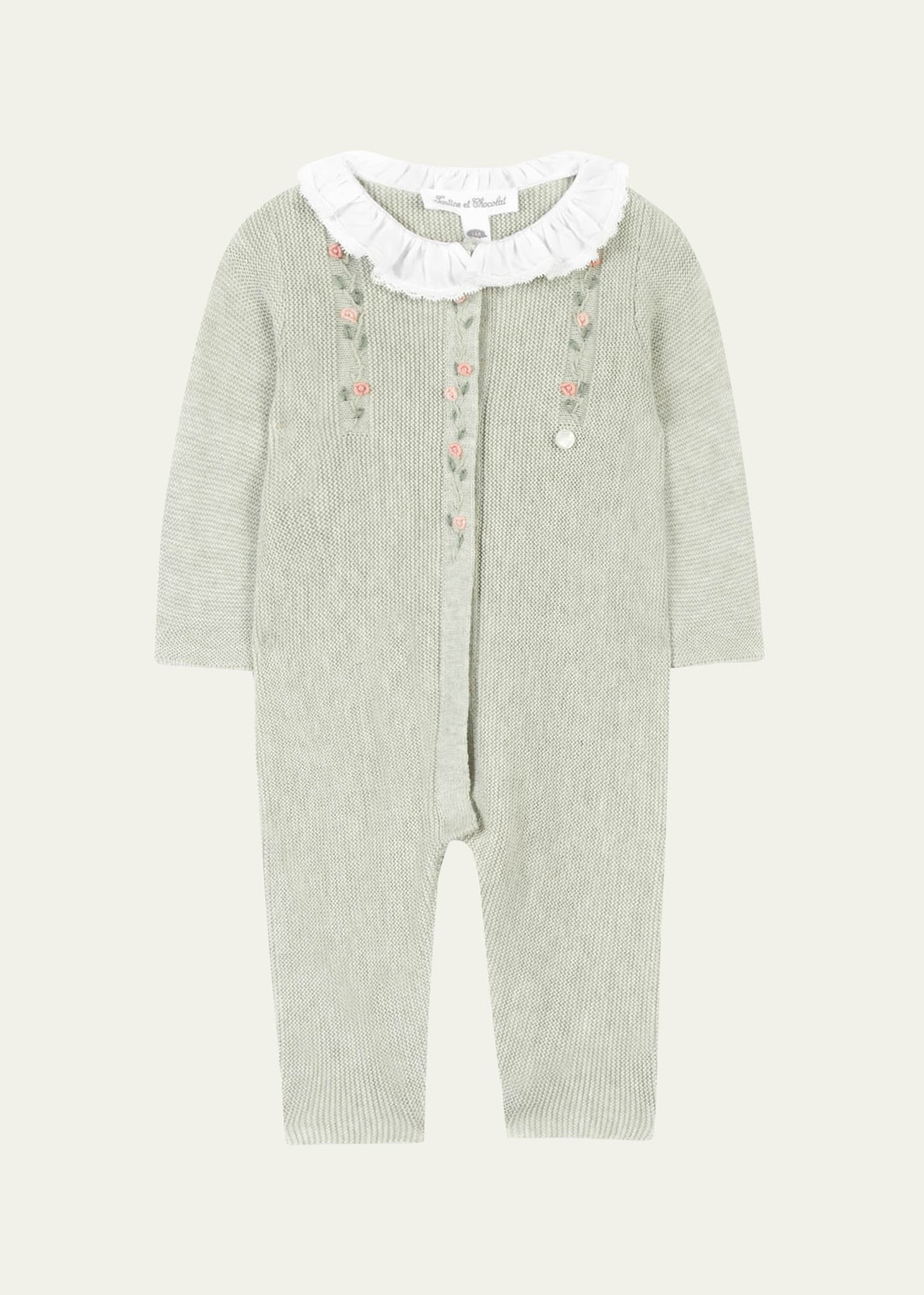 Tartine Et Chocolat Kids' Girl's Hand Embroidered Floral Coverall In Vert Opaline